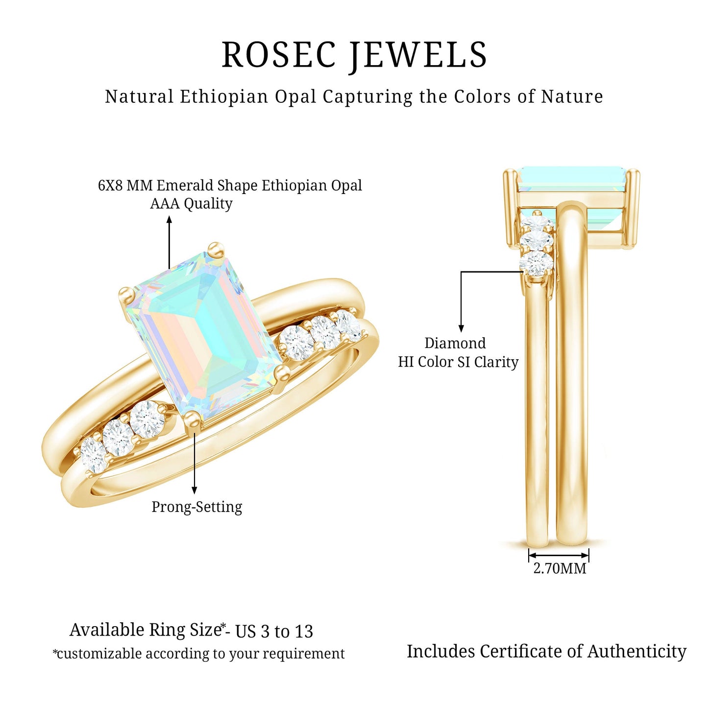 6x8mm Emerald Cut Ethiopian Opal Solitaire Ring Set with Diamond Enhancer