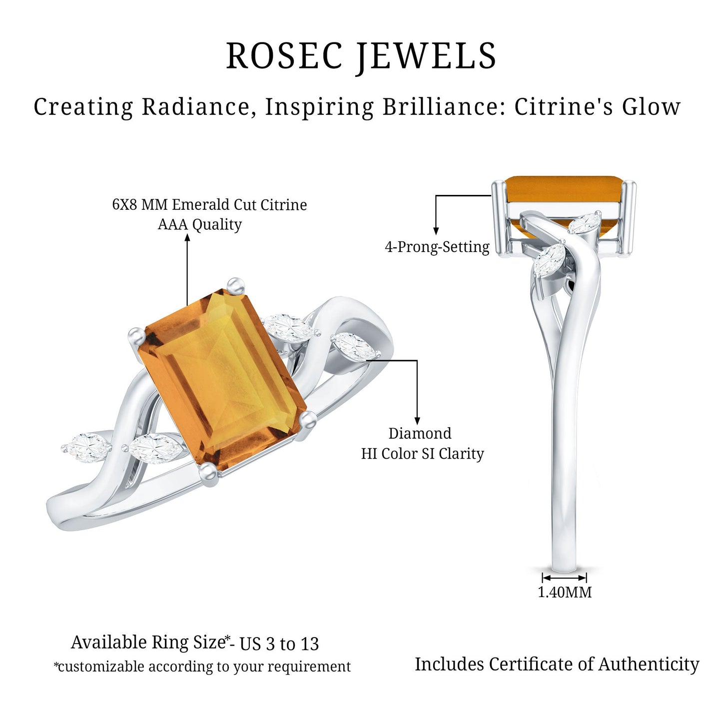 Natural 6X8mm Citrine Emerald Cut Engagement Ring with Diamond