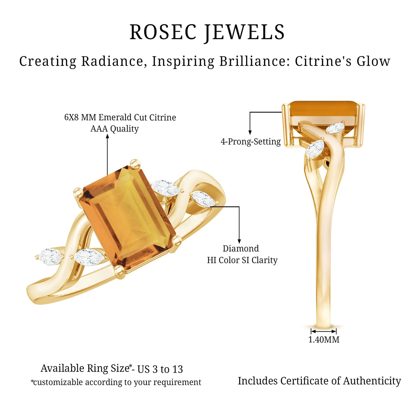Natural 6X8mm Citrine Emerald Cut Engagement Ring with Diamond