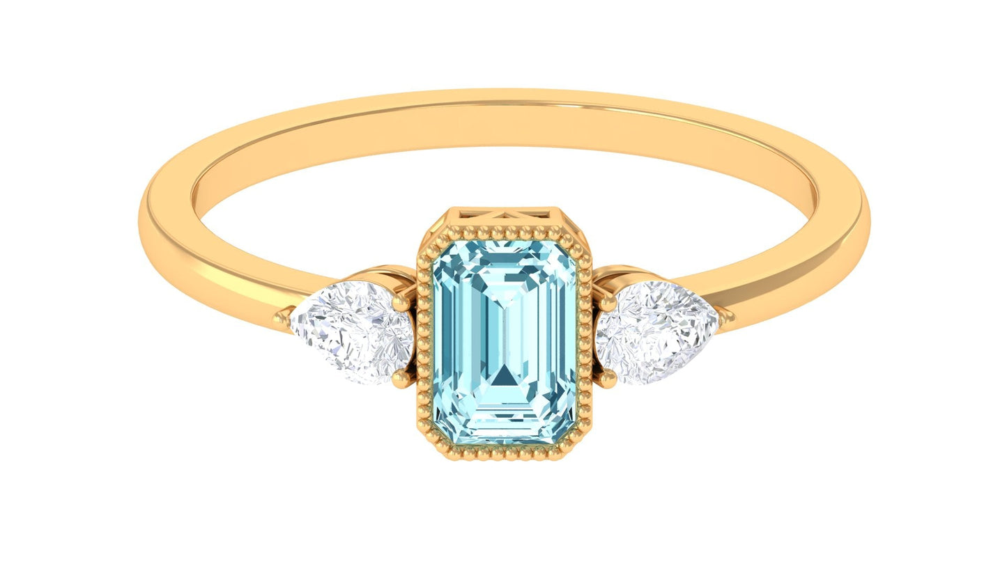 Octagon Cut Aquamarine Solitaire and Diamond Ring
