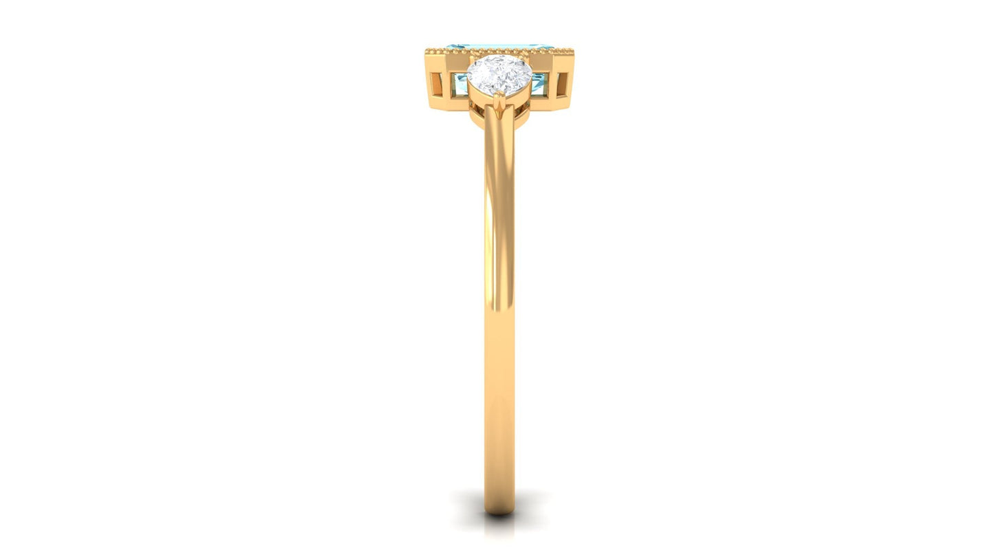 Octagon Cut Aquamarine Solitaire and Diamond Ring