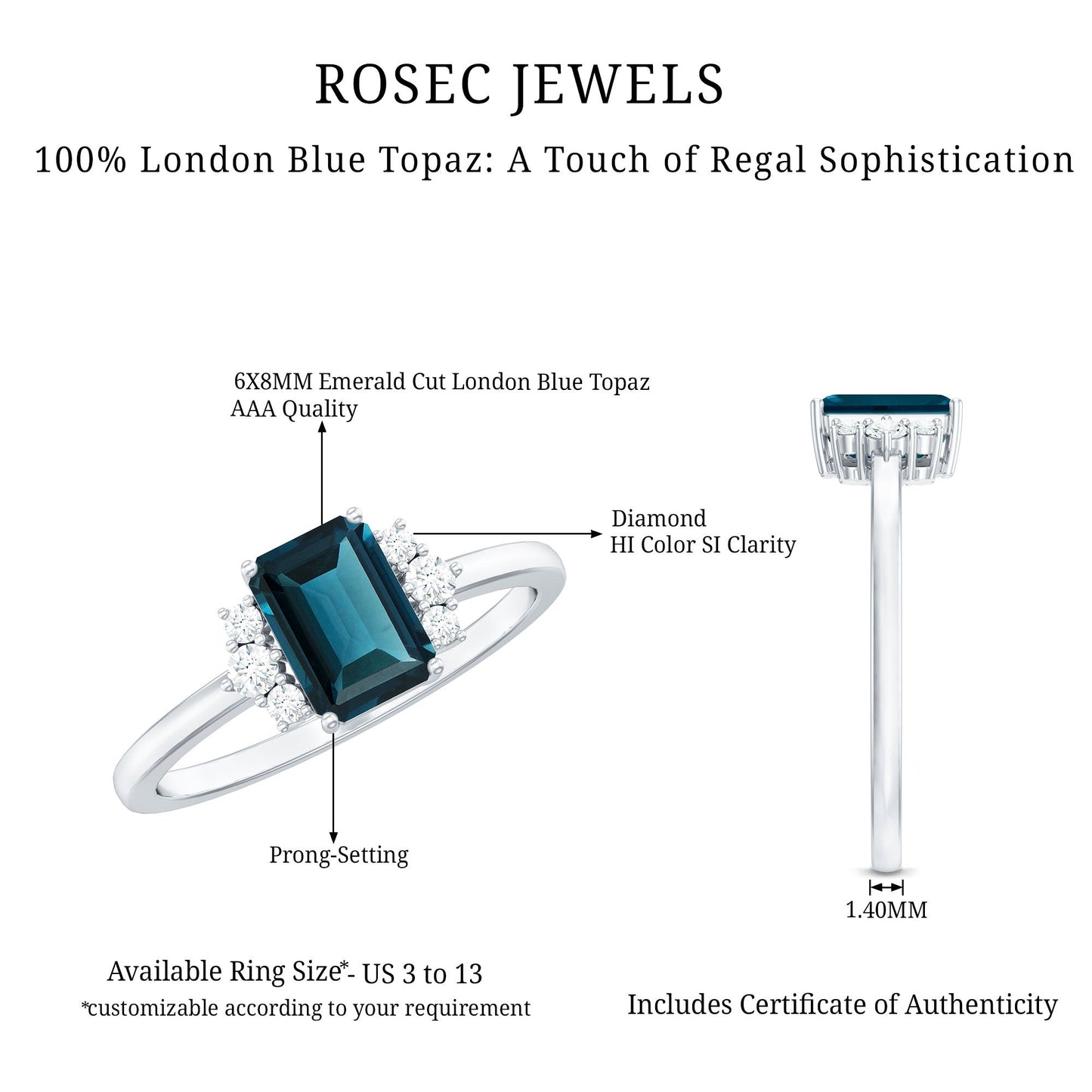 6X8mm Emerald Cut London Blue Topaz Diamond Engagement Ring with Certificate