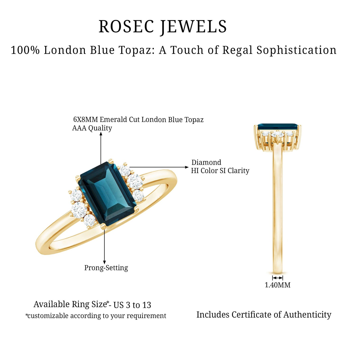 6X8mm Emerald Cut London Blue Topaz Diamond Engagement Ring with Certificate
