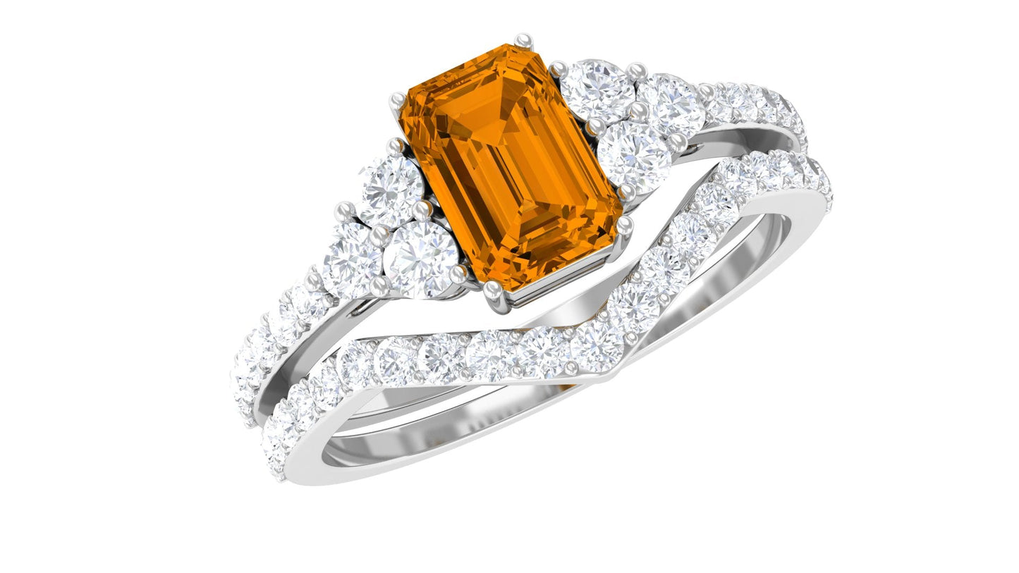 Real Citrine Emerald Cut Engagement Ring with Wedding Band