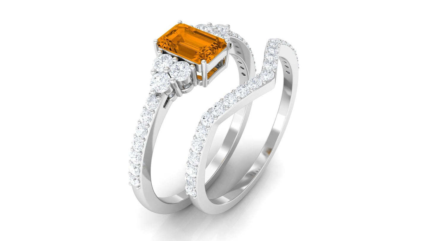 Real Citrine Emerald Cut Engagement Ring with Wedding Band