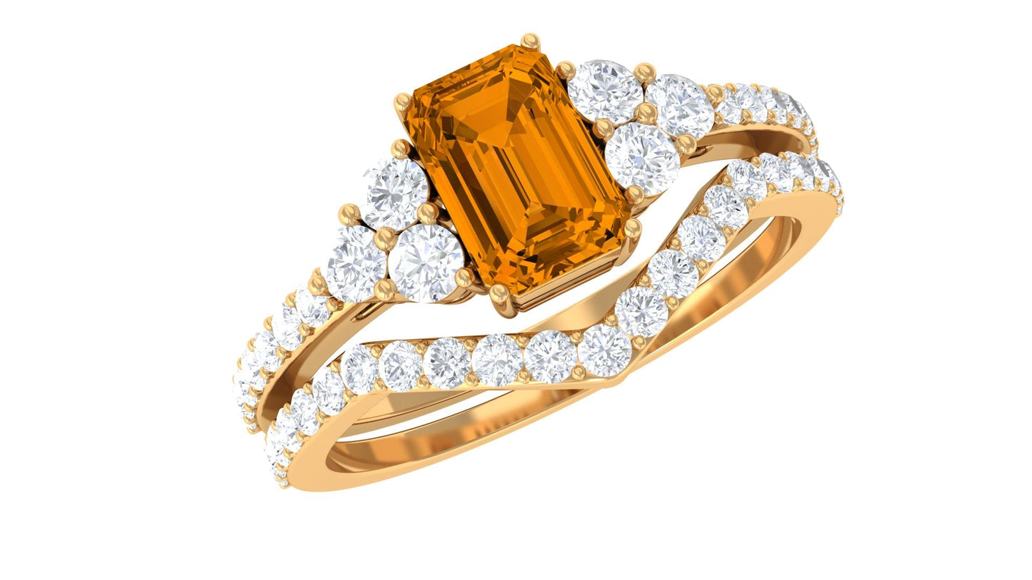 Real Citrine Emerald Cut Engagement Ring with Wedding Band