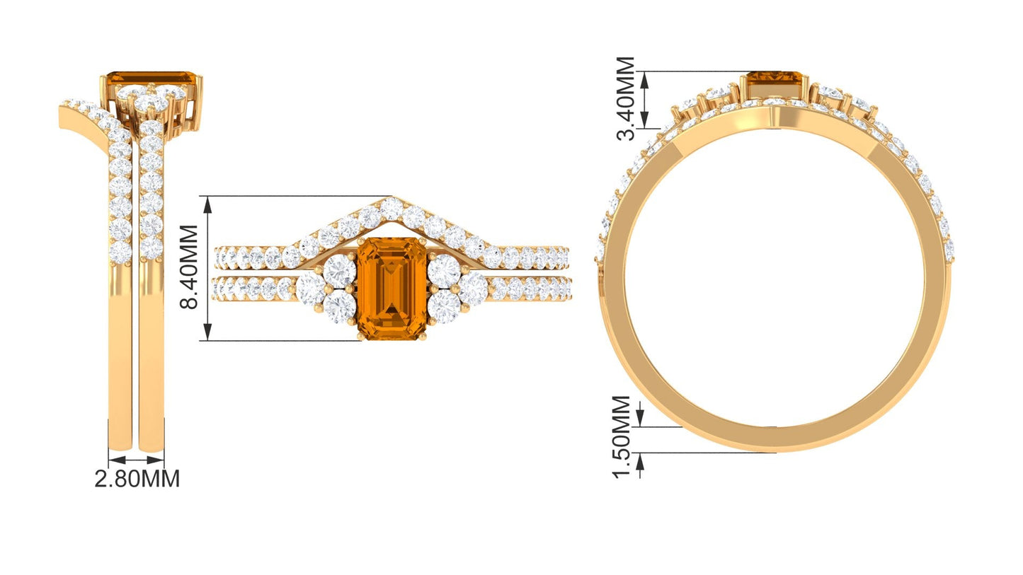 Real Citrine Emerald Cut Engagement Ring with Wedding Band