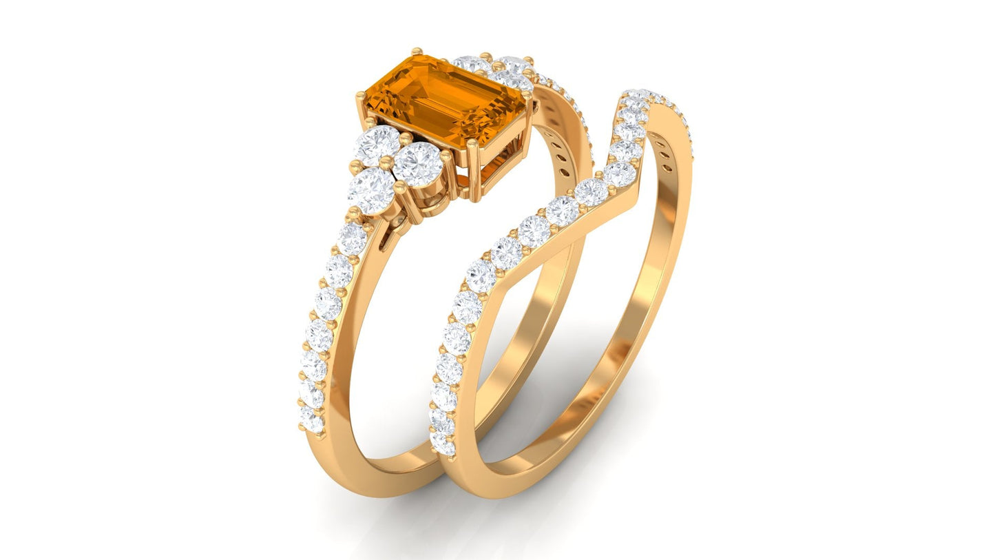Real Citrine Emerald Cut Engagement Ring with Wedding Band
