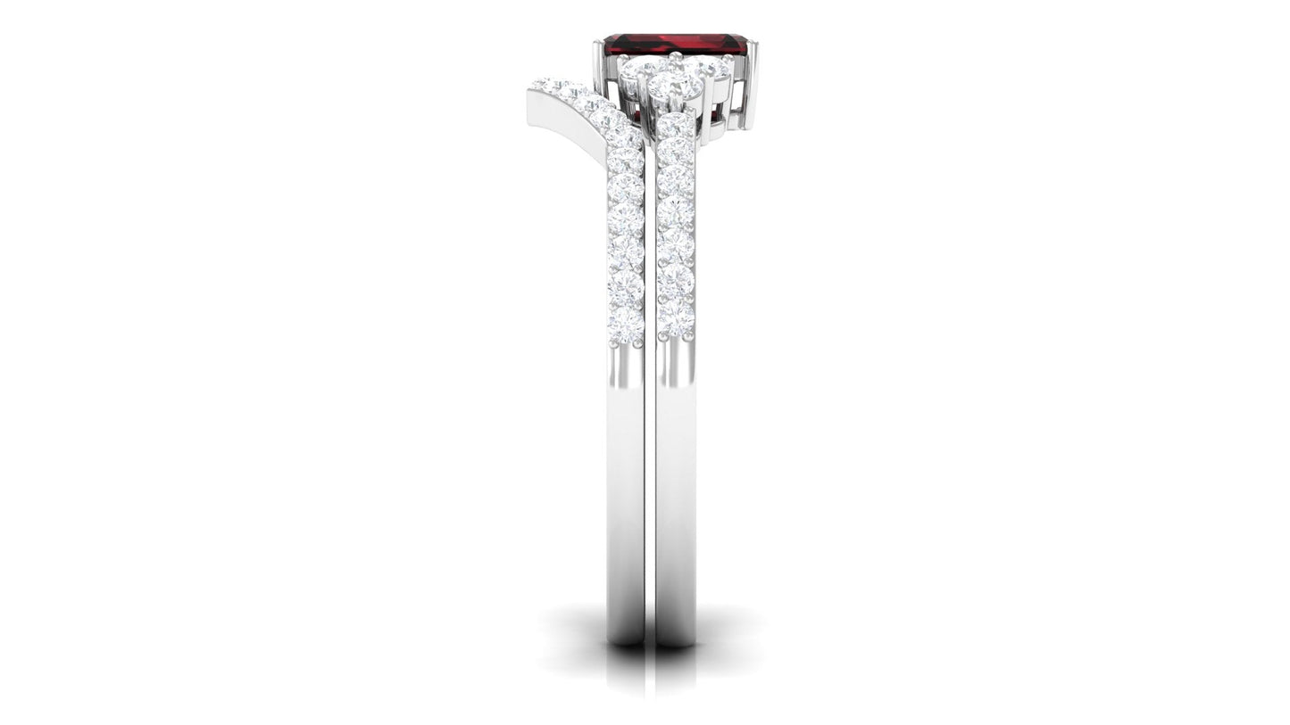 Natural Garnet Diamond Emerald Cut Engagement Wedding Ring Set