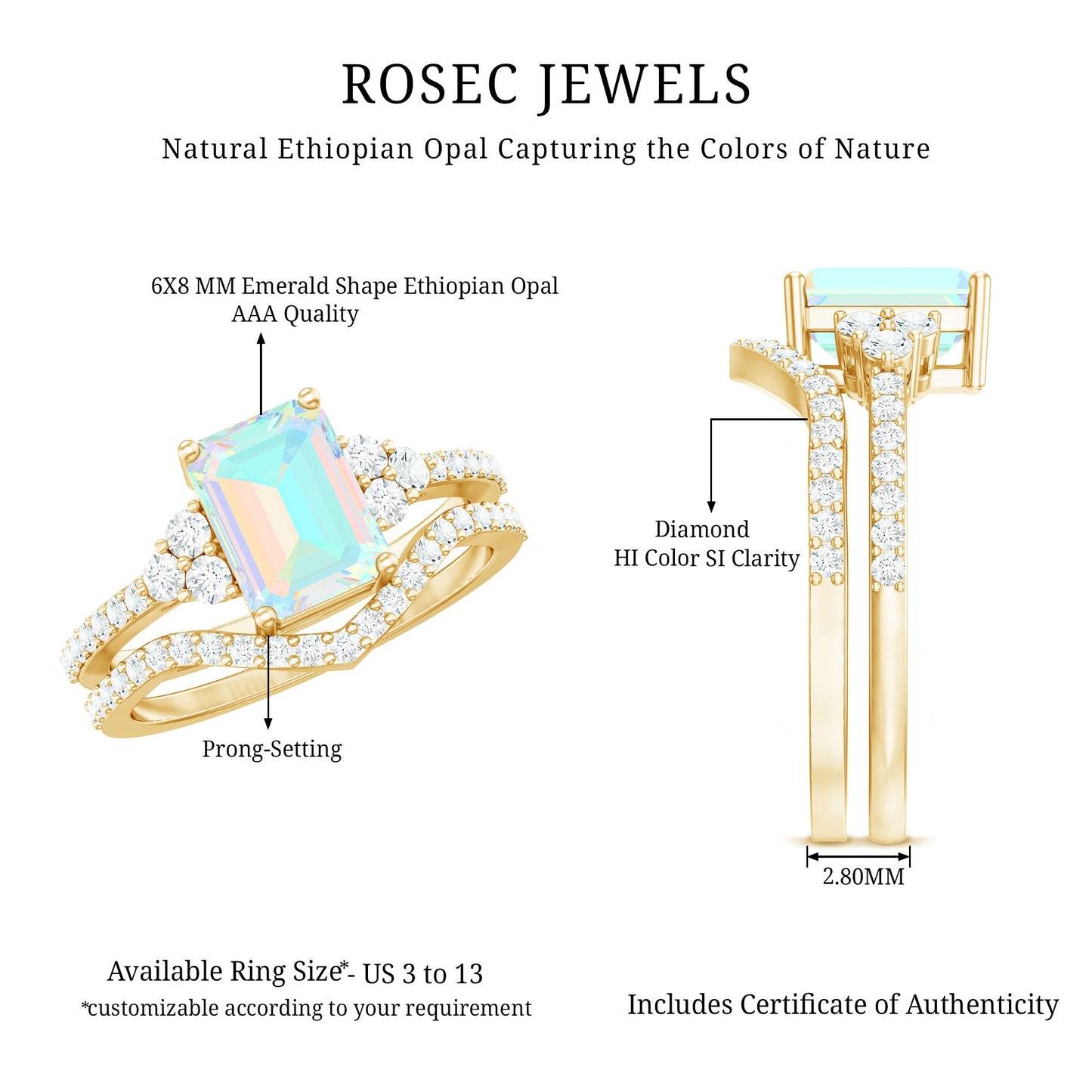 6X8 mm Emerald Cut Ethiopian Opal Classic Ring Set with Diamond Band