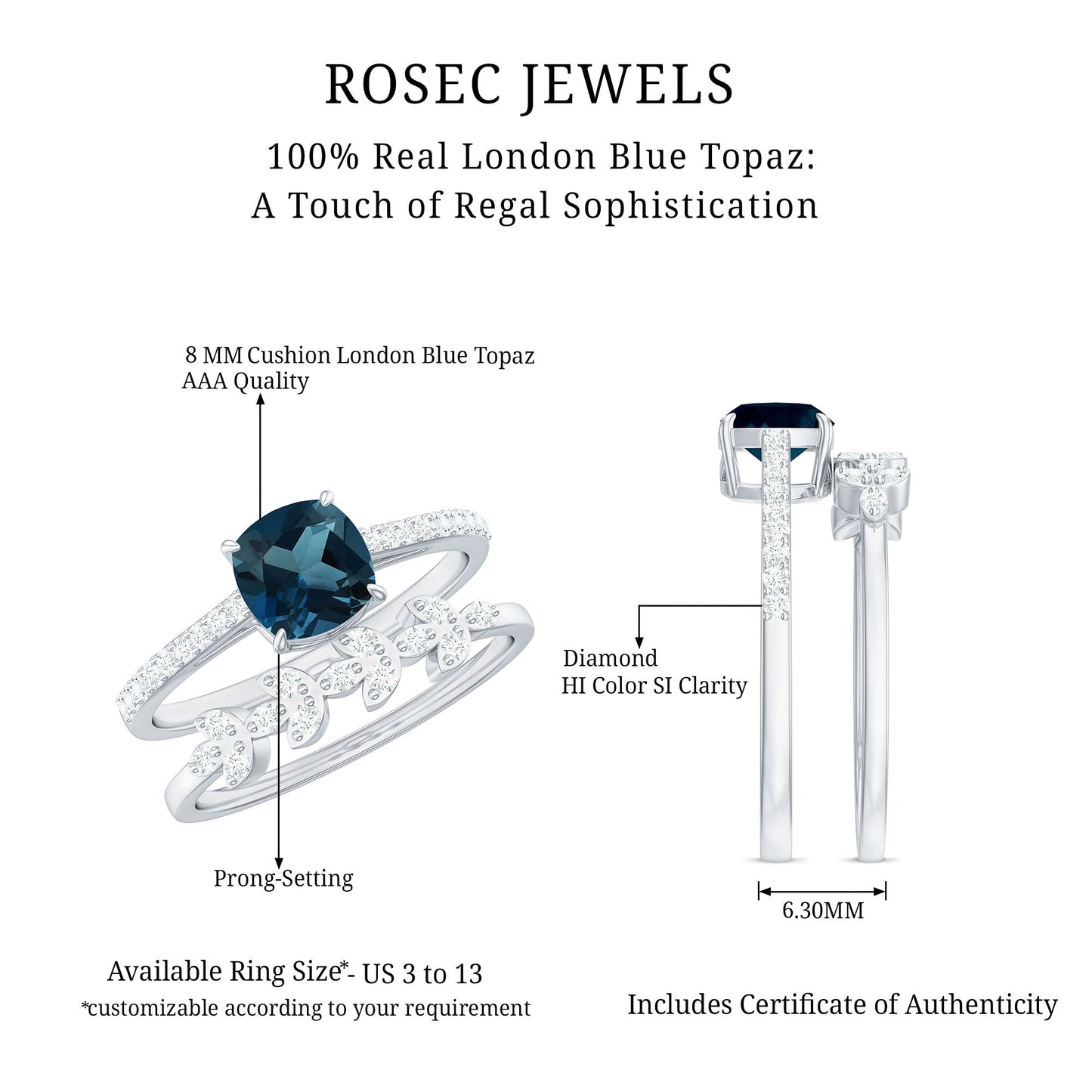 8mm Cushion Cut London Blue Topaz and Diamond Engagement Ring with Wedding Band