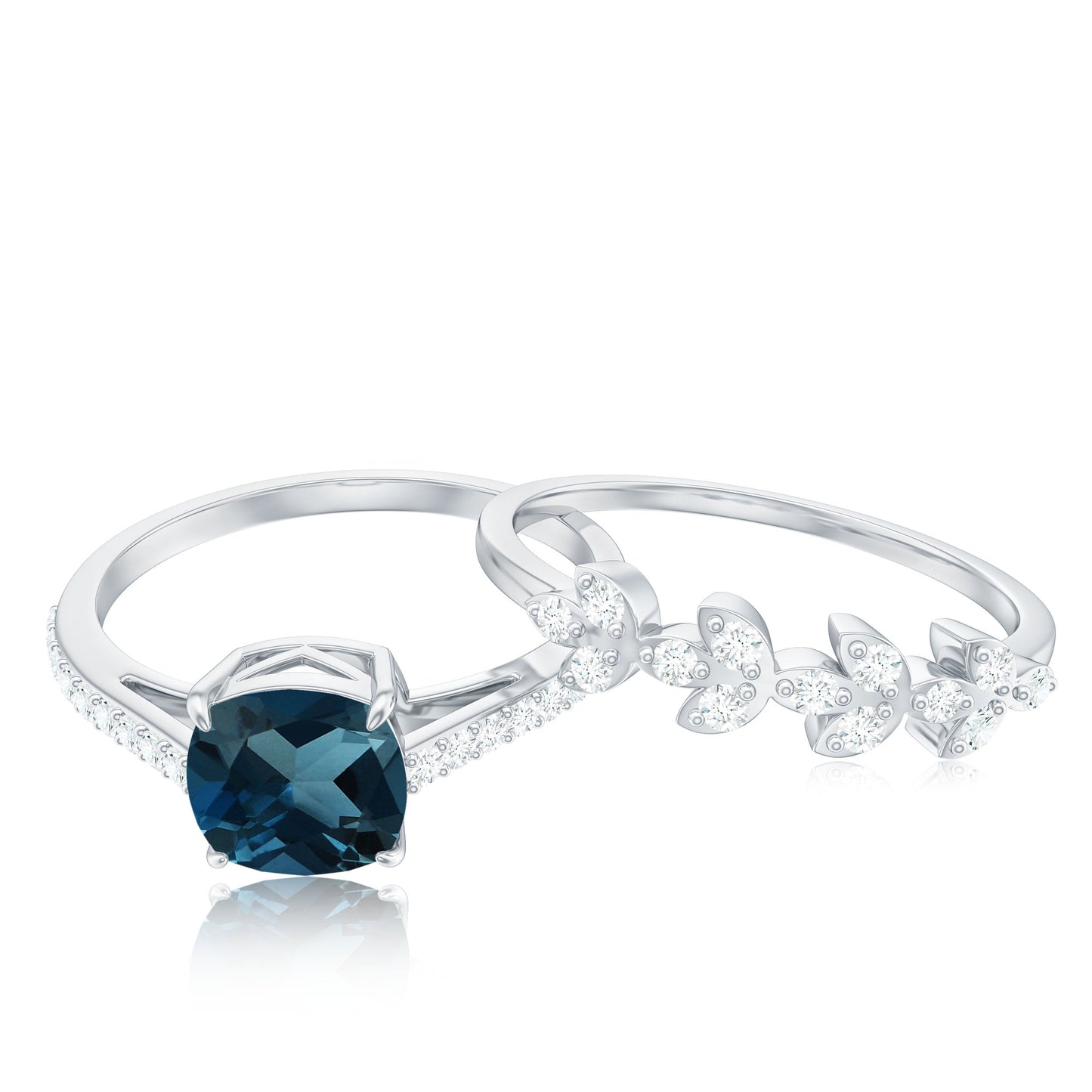 8mm Cushion Cut London Blue Topaz and Diamond Engagement Ring with Wedding Band