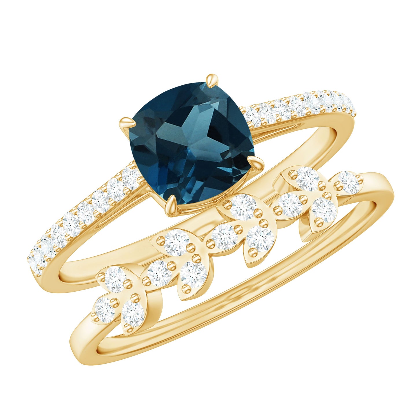8mm Cushion Cut London Blue Topaz and Diamond Engagement Ring with Wedding Band