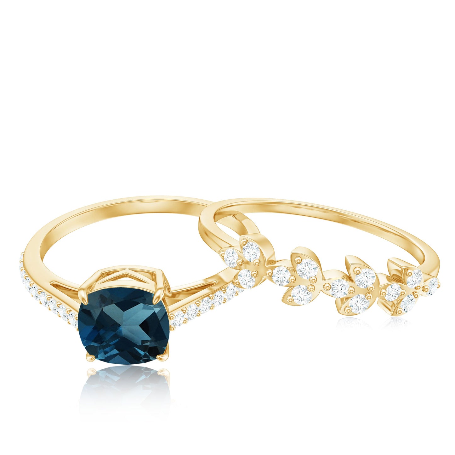8mm Cushion Cut London Blue Topaz and Diamond Engagement Ring with Wedding Band