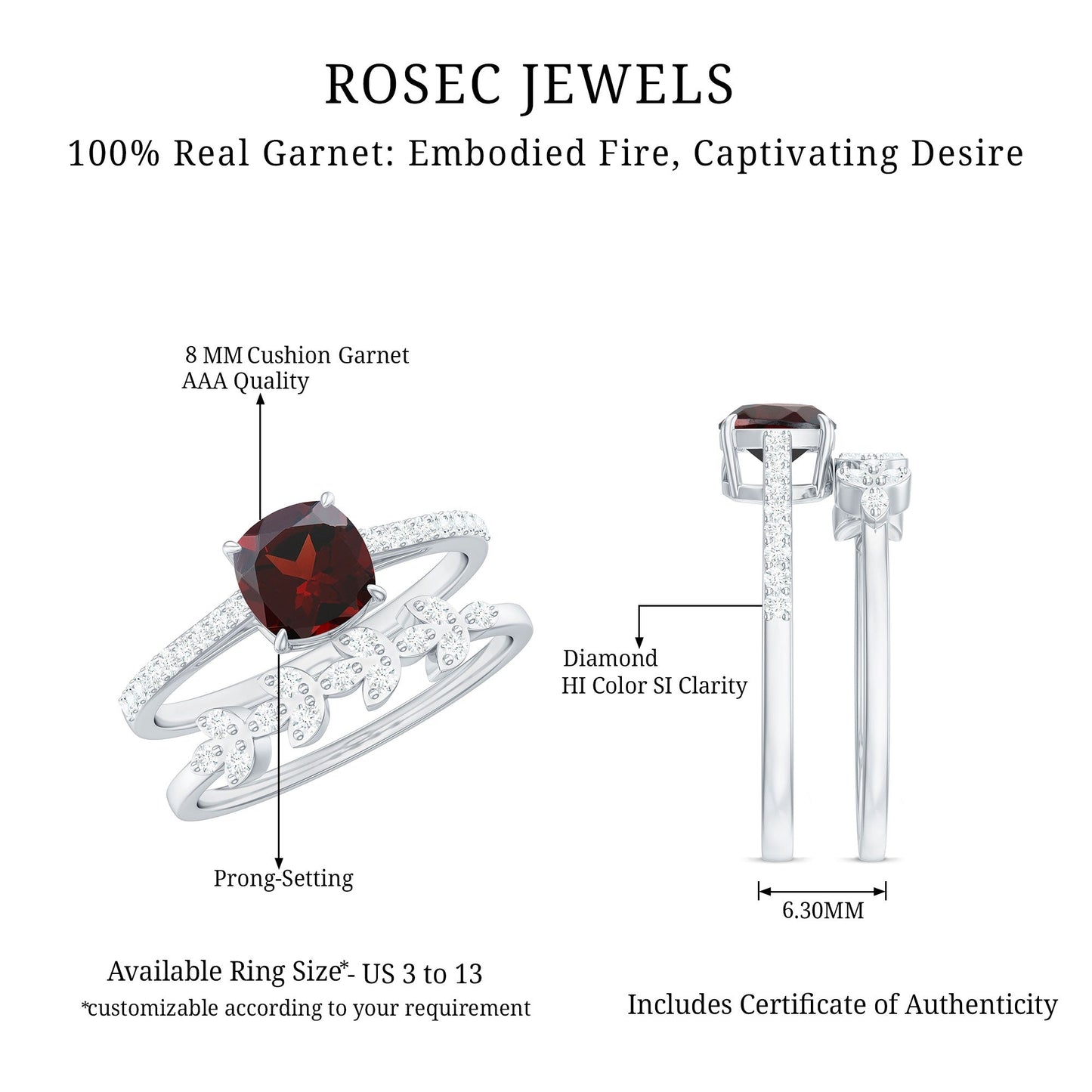 Natural Cushion Cut Garnet Diamond Wedding Bridal Ring Set of 2