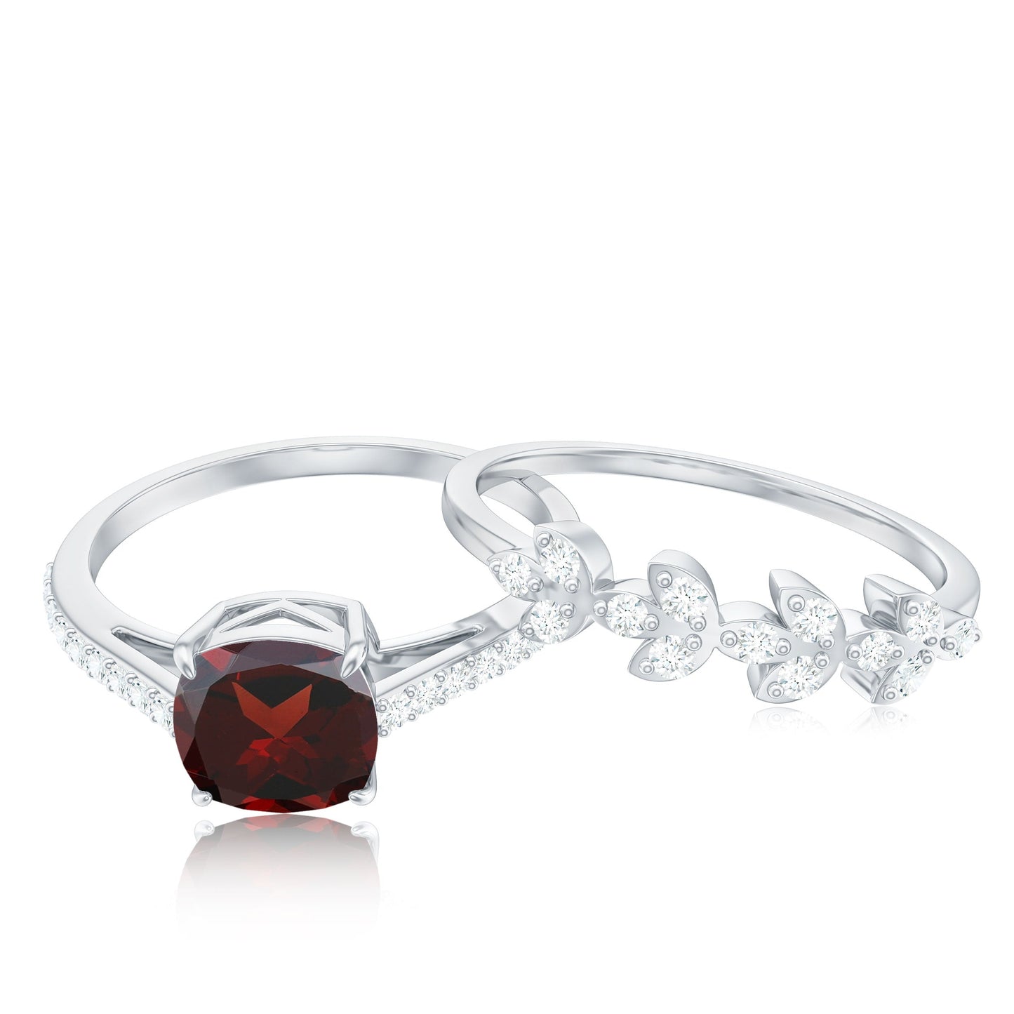 Natural Cushion Cut Garnet Diamond Wedding Bridal Ring Set of 2