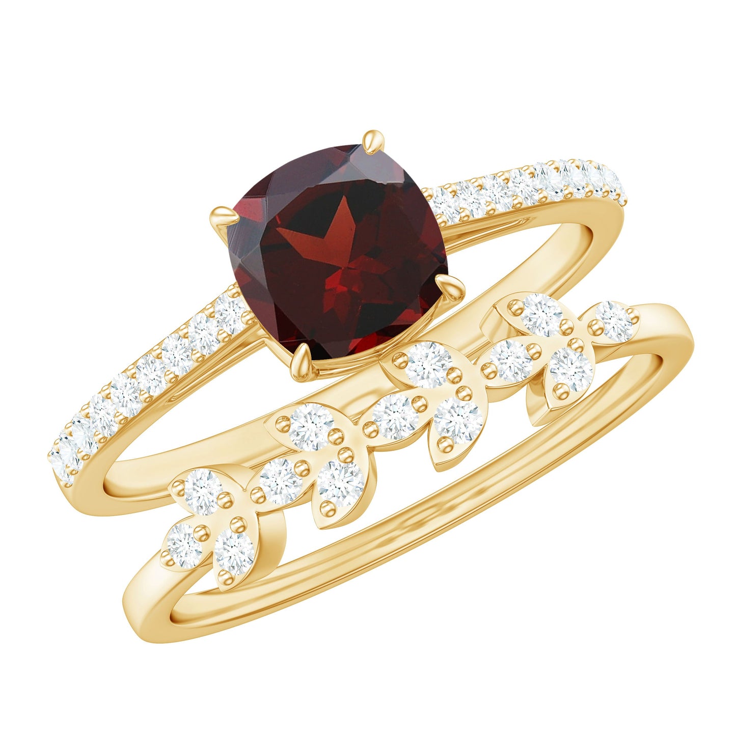 Natural Cushion Cut Garnet Diamond Wedding Bridal Ring Set of 2