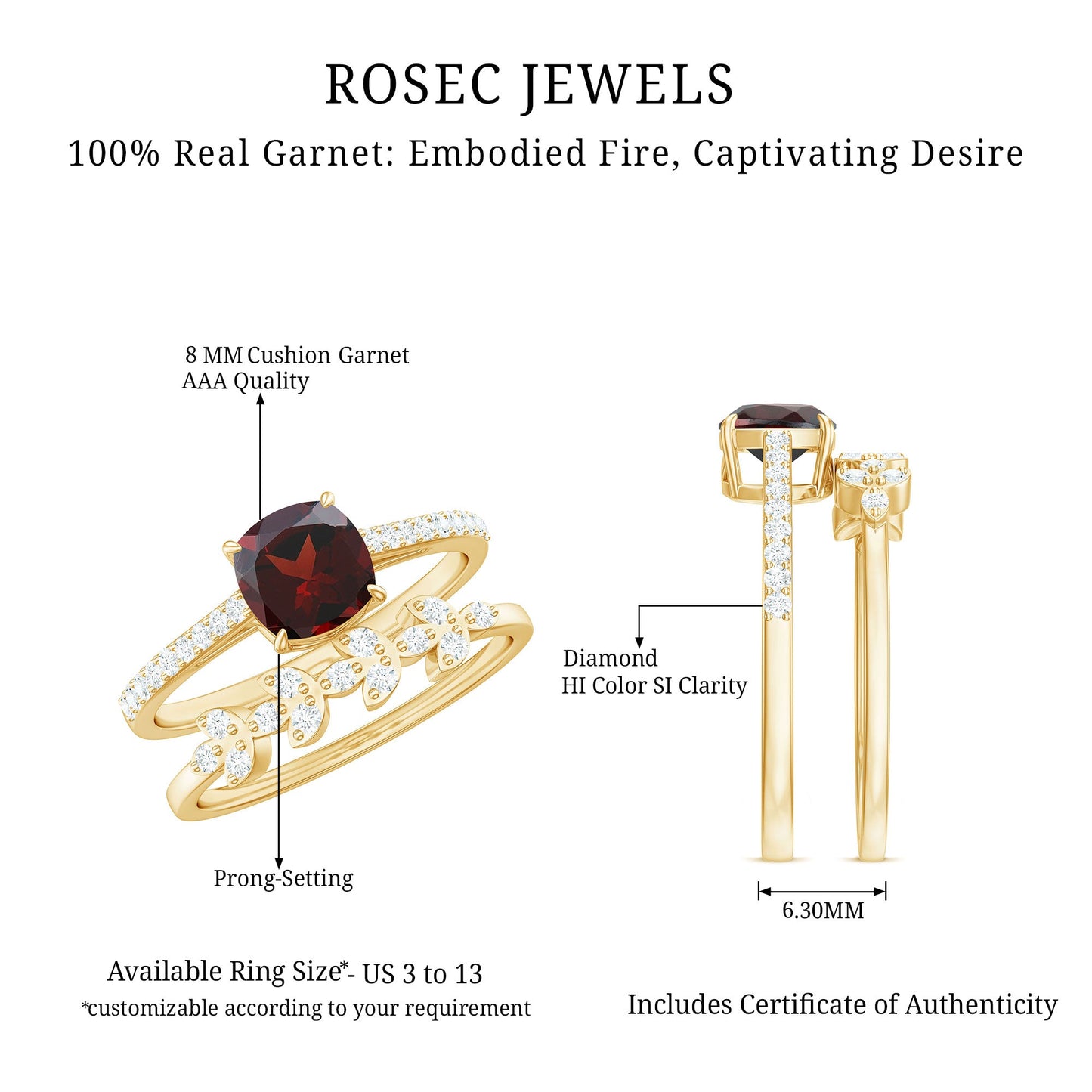 Natural Cushion Cut Garnet Diamond Wedding Bridal Ring Set of 2