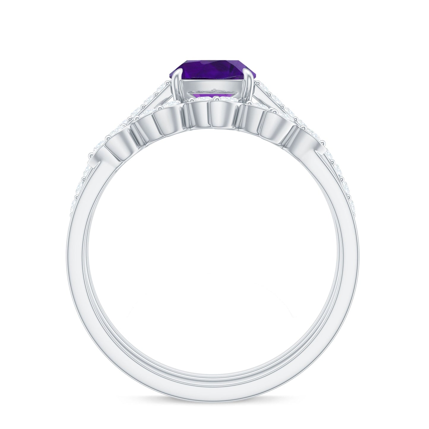 Cushion Cut Amethyst Wedding Ring Set with Diamond