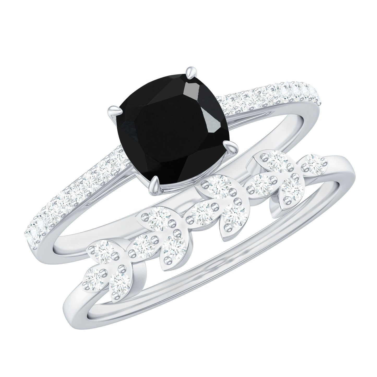 Natural 8mm Black Spinel Diamond Cushion Cut Engagement Ring with Enhancer