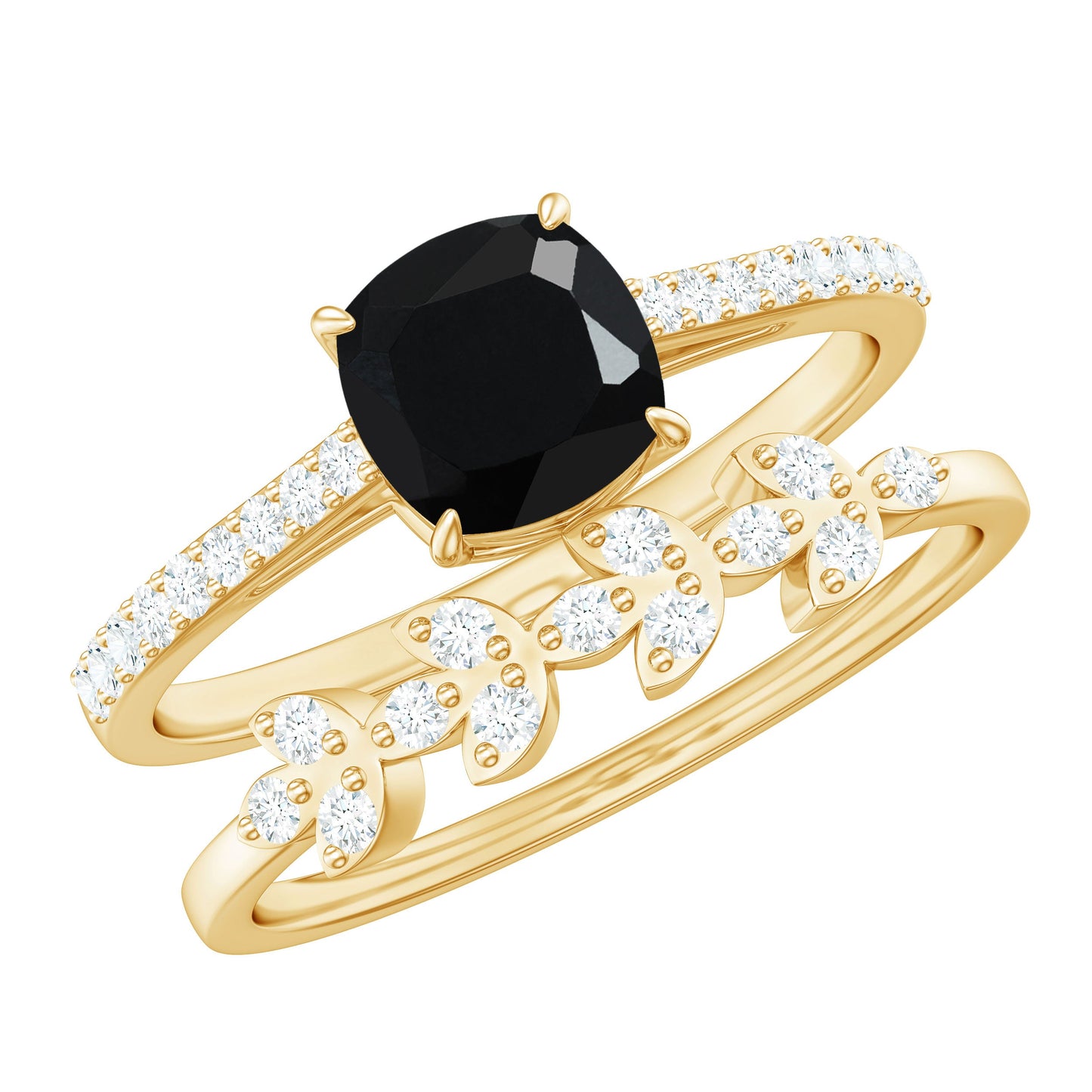 Natural 8mm Black Spinel Diamond Cushion Cut Engagement Ring with Enhancer