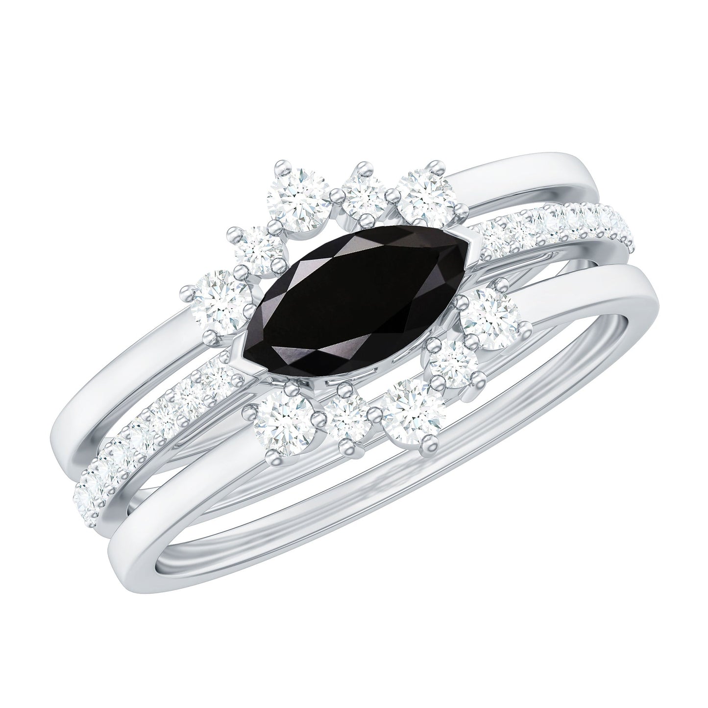 Natural Marquise Black Spinel Diamond 3 Piece Bridal Ring Set