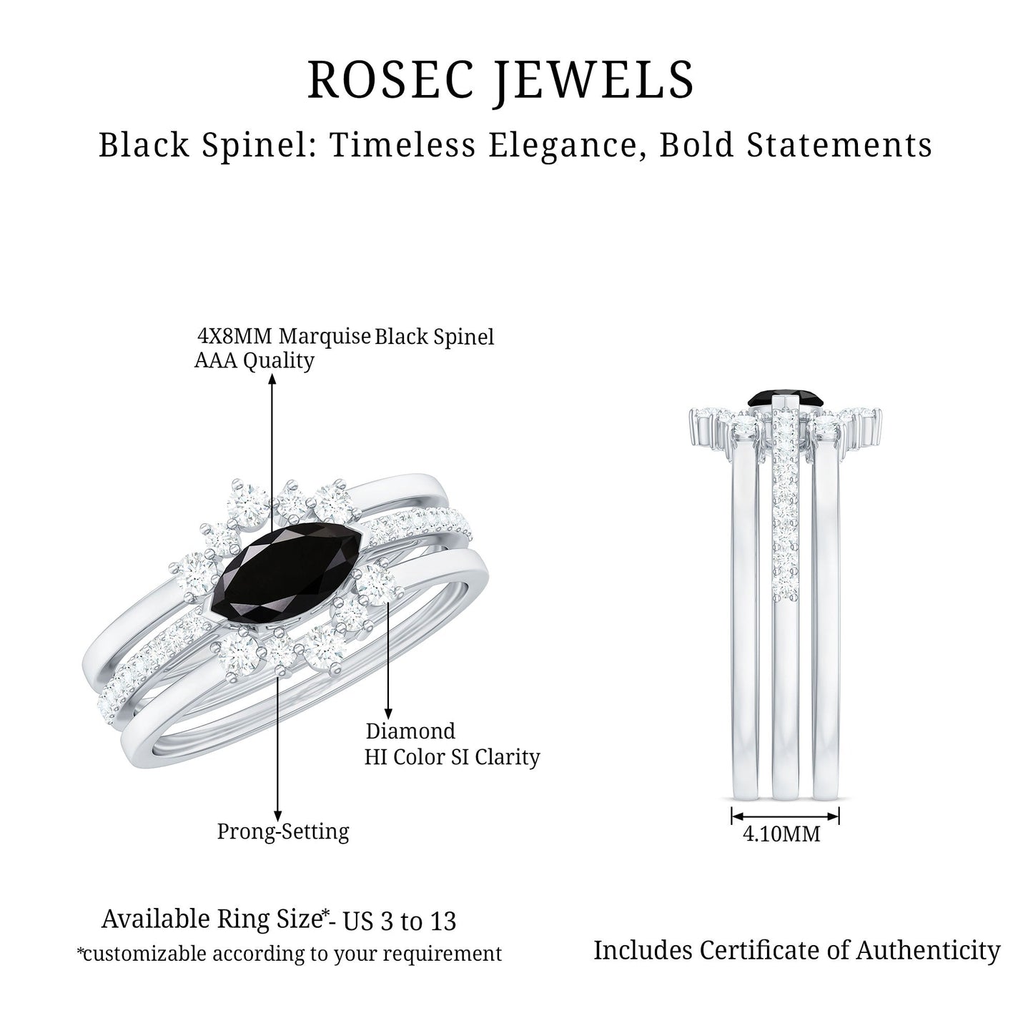 Natural Marquise Black Spinel Diamond 3 Piece Bridal Ring Set