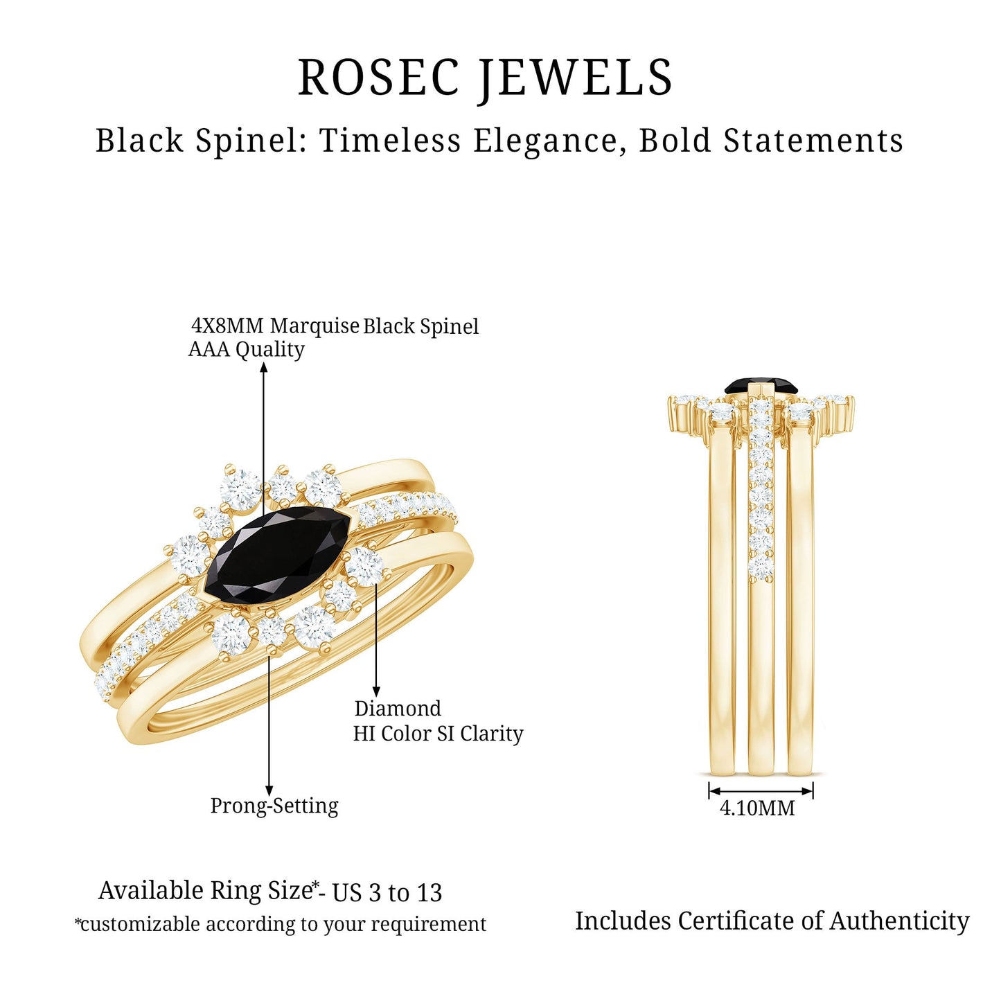 Natural Marquise Black Spinel Diamond 3 Piece Bridal Ring Set