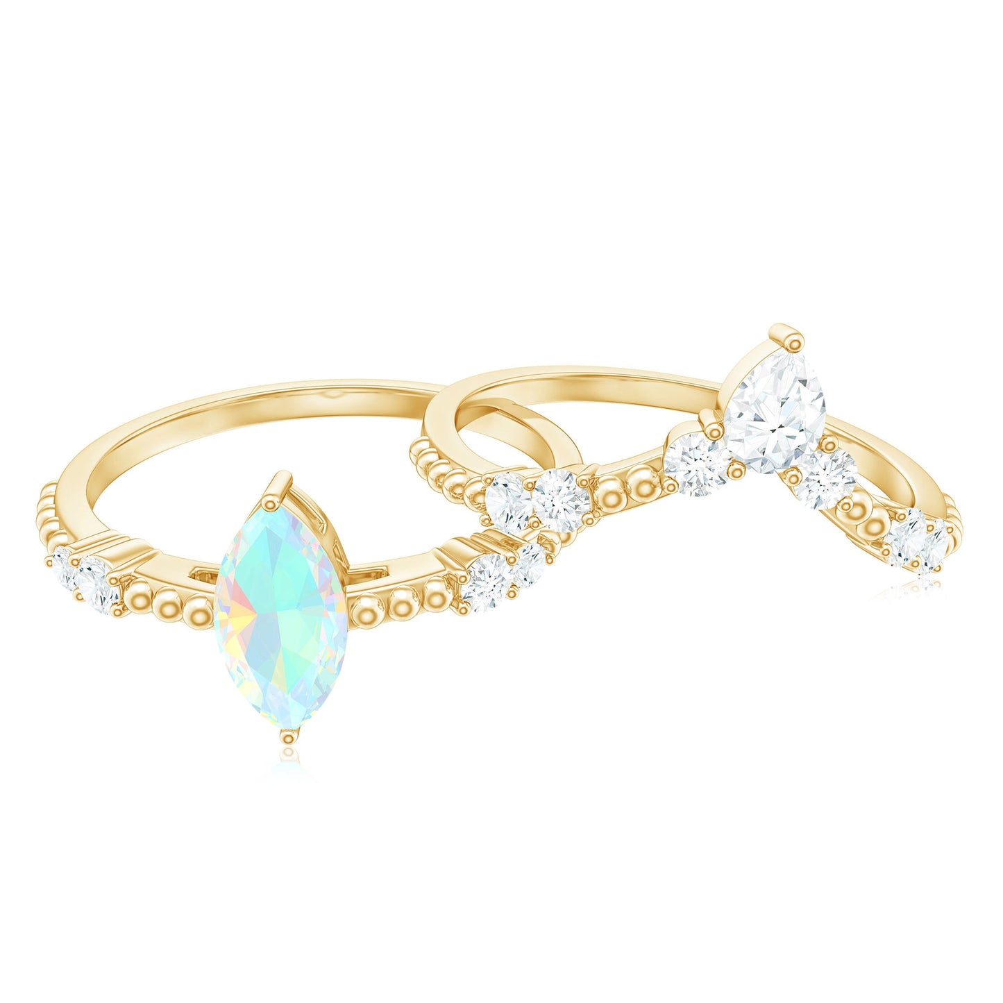 Certified Real Ethiopian Opal Marquise Engagement Wedding Ring Set of 2