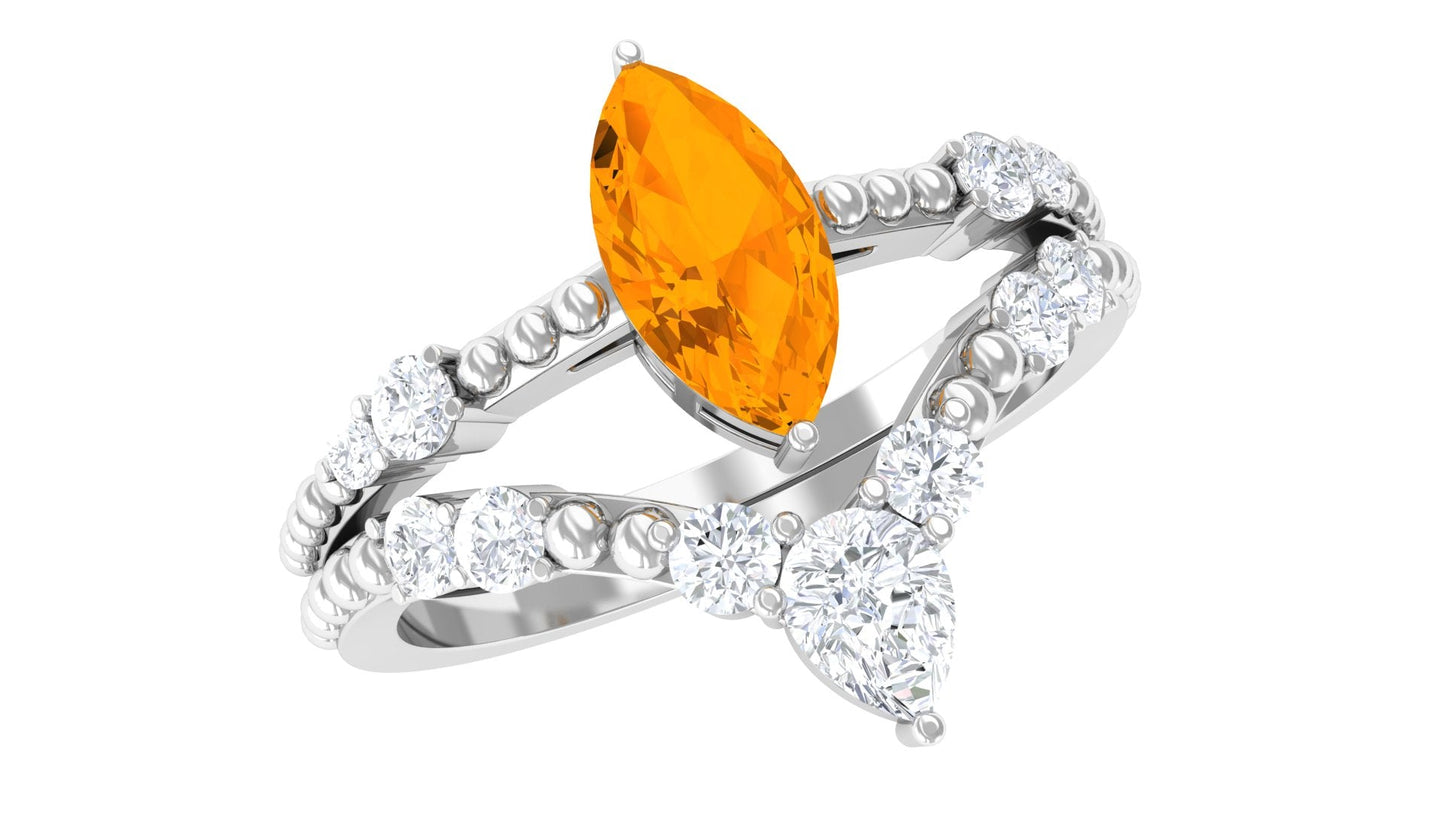 Marquise Cut Fire Opal and Moissanite Wedding Ring Set