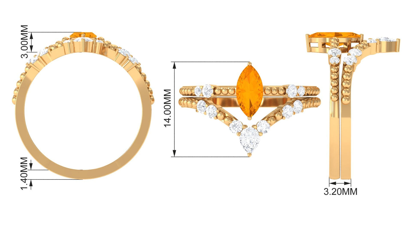 Marquise Cut Fire Opal and Moissanite Wedding Ring Set