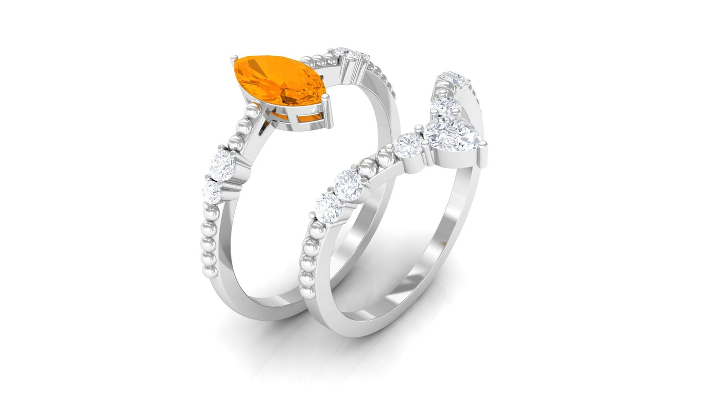 Marquise Cut Fire Opal and Moissanite Wedding Ring Set