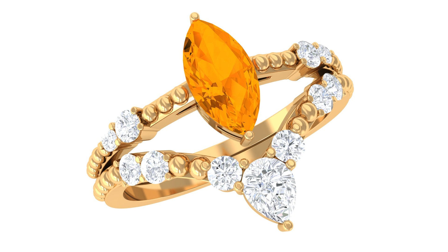 Marquise Cut Fire Opal and Moissanite Wedding Ring Set