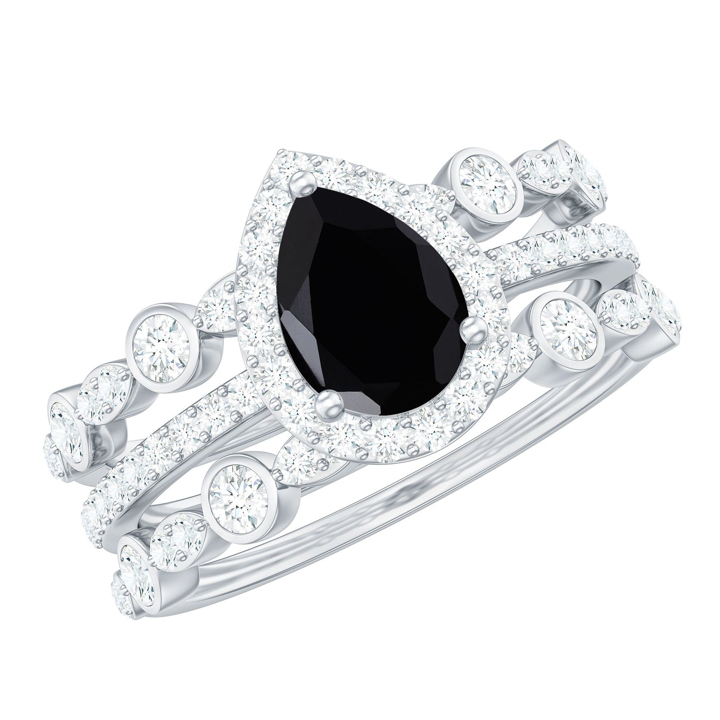 6x8mm Pear Cut Black Onyx Statement Ring Set with Moissanite Bands