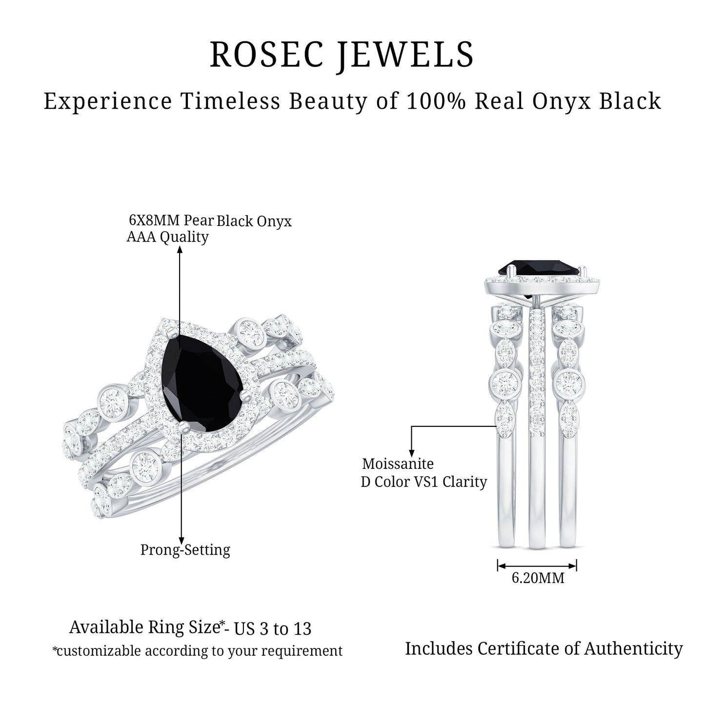 6x8mm Pear Cut Black Onyx Statement Ring Set with Moissanite Bands