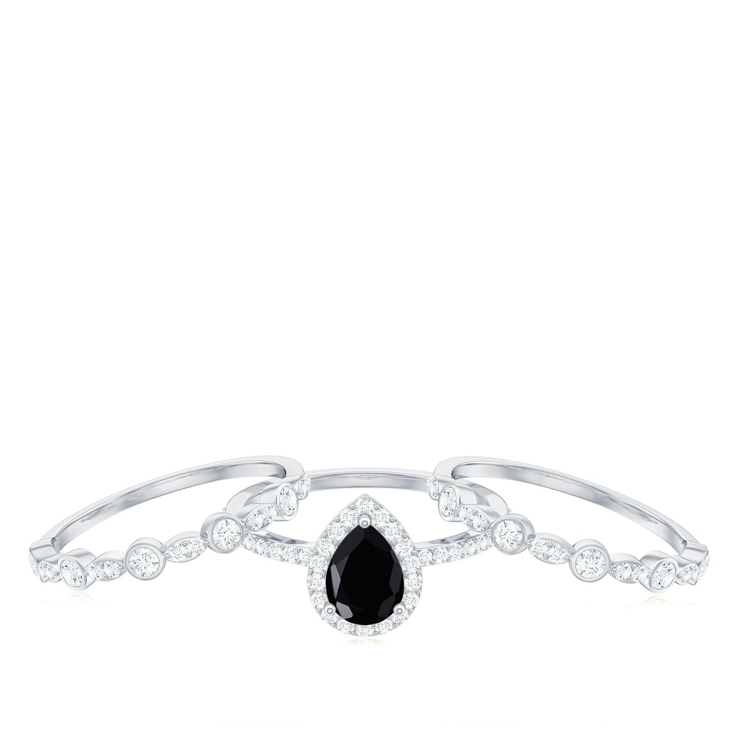 6x8mm Pear Cut Black Onyx Statement Ring Set with Moissanite Bands
