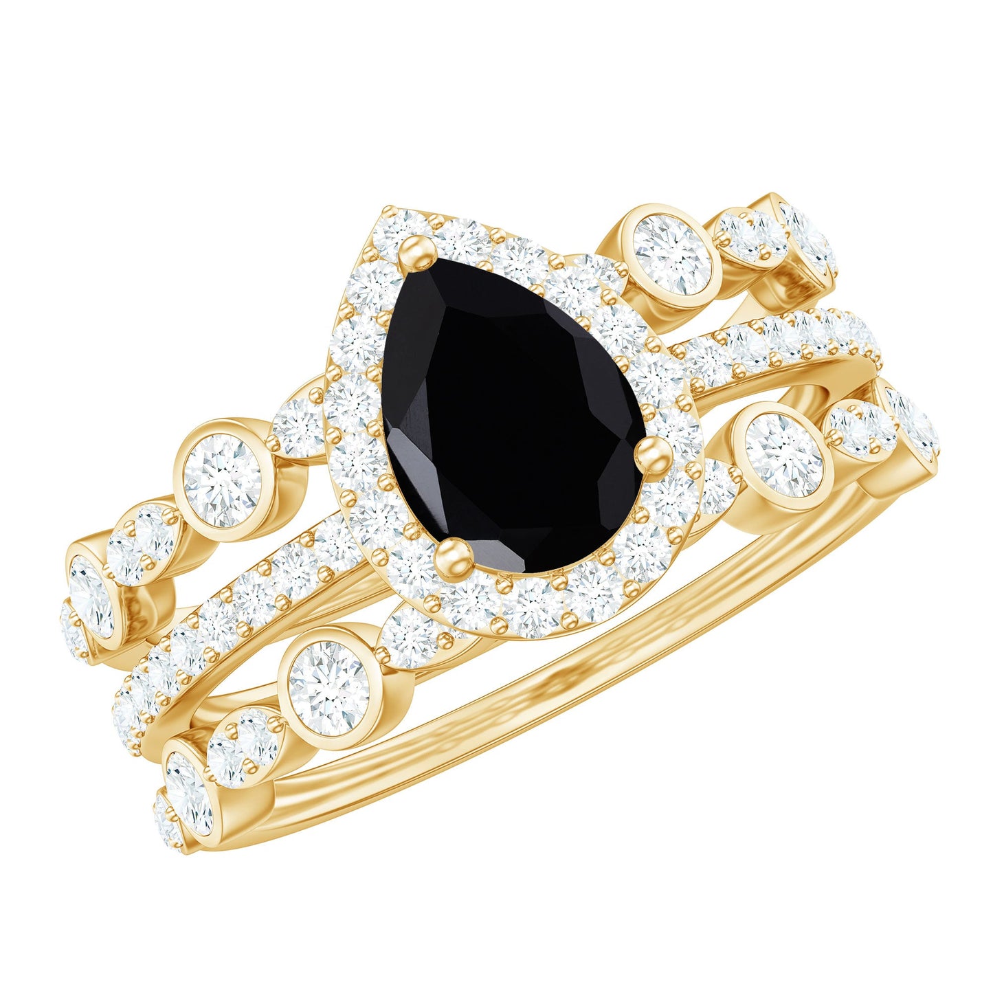 6x8mm Pear Cut Black Onyx Statement Ring Set with Moissanite Bands