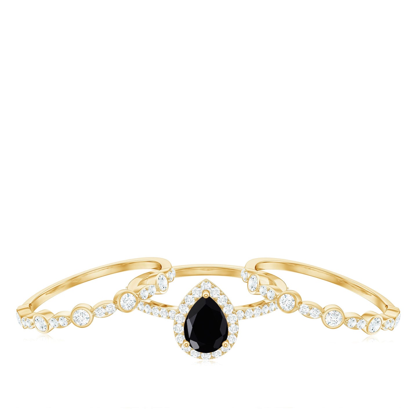 6x8mm Pear Cut Black Onyx Statement Ring Set with Moissanite Bands