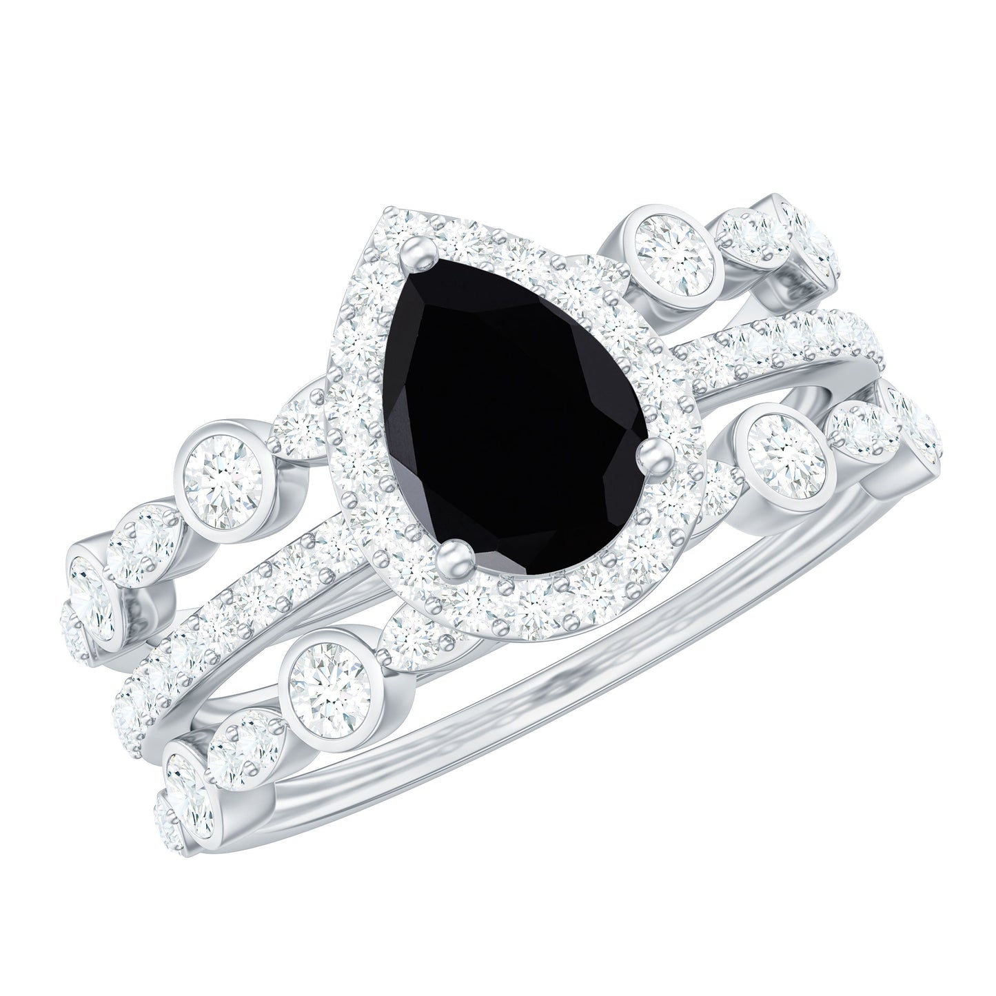 Natural Pear Shape Black Spinel Moissanite Bridal Ring Set of 3