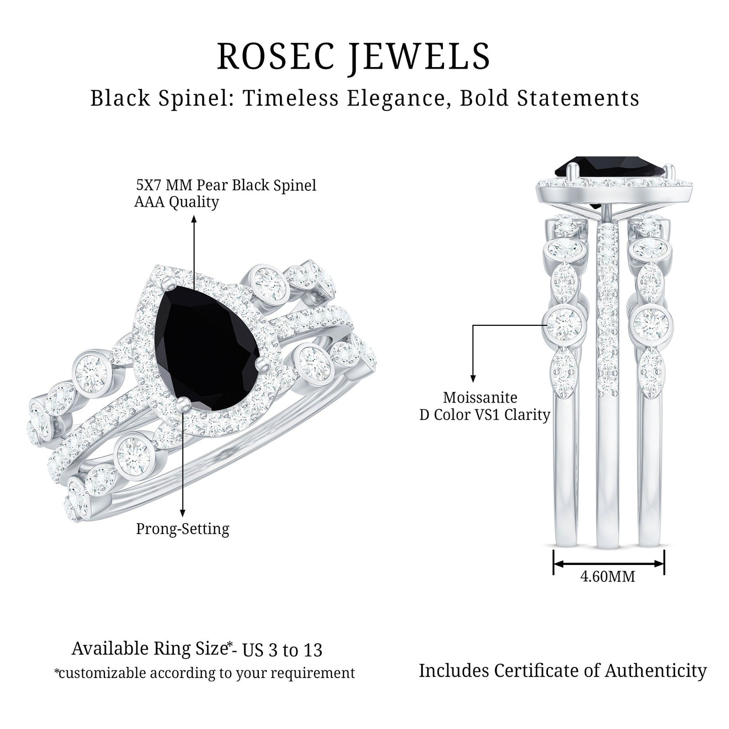 Natural Pear Shape Black Spinel Moissanite Bridal Ring Set of 3