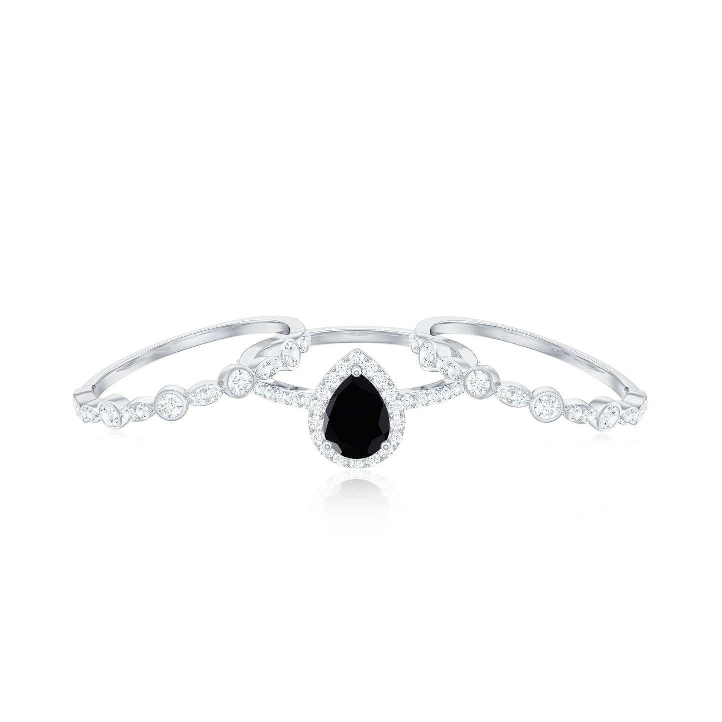 Natural Pear Shape Black Spinel Moissanite Bridal Ring Set of 3