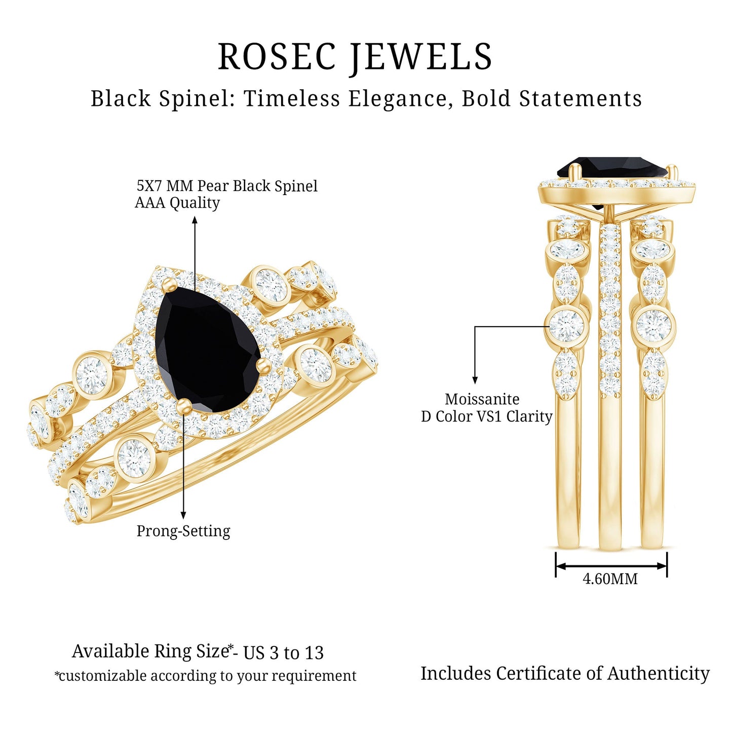 Natural Pear Shape Black Spinel Moissanite Bridal Ring Set of 3