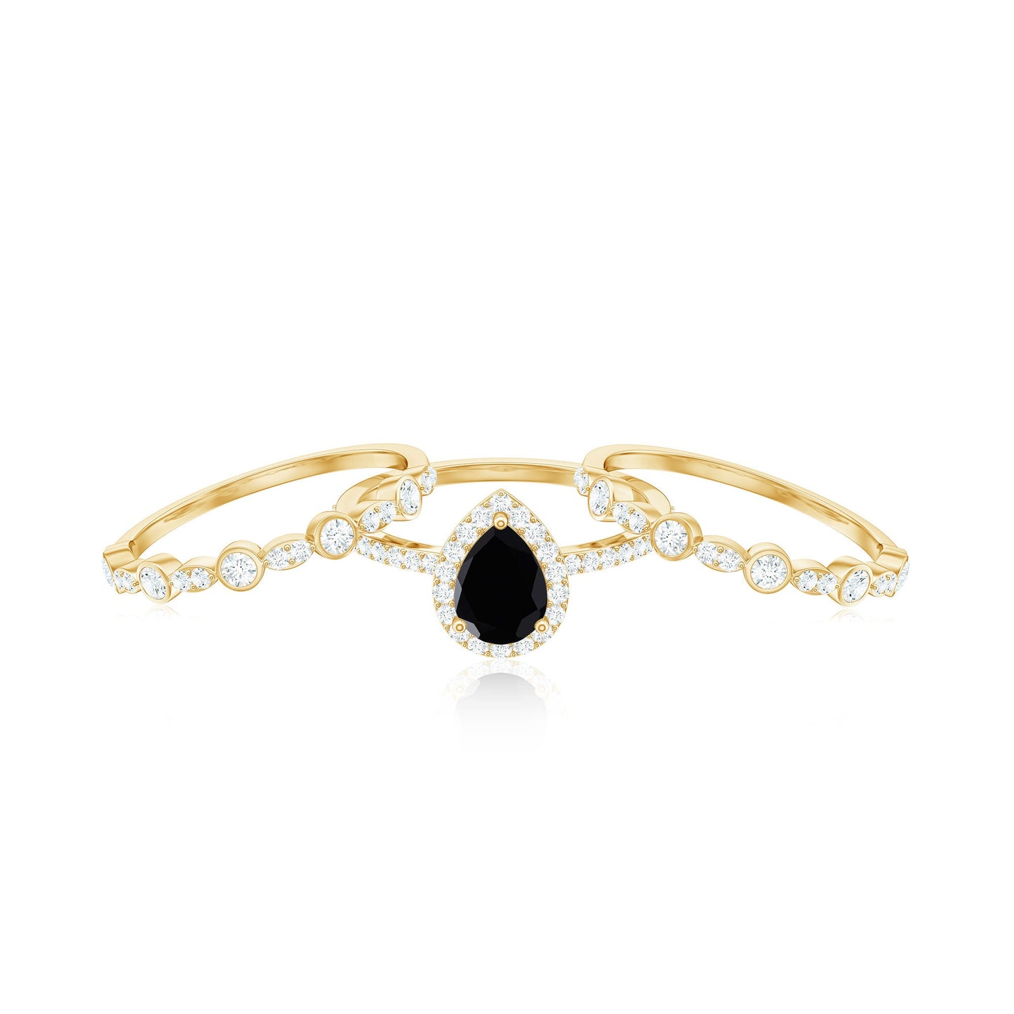Natural Pear Shape Black Spinel Moissanite Bridal Ring Set of 3