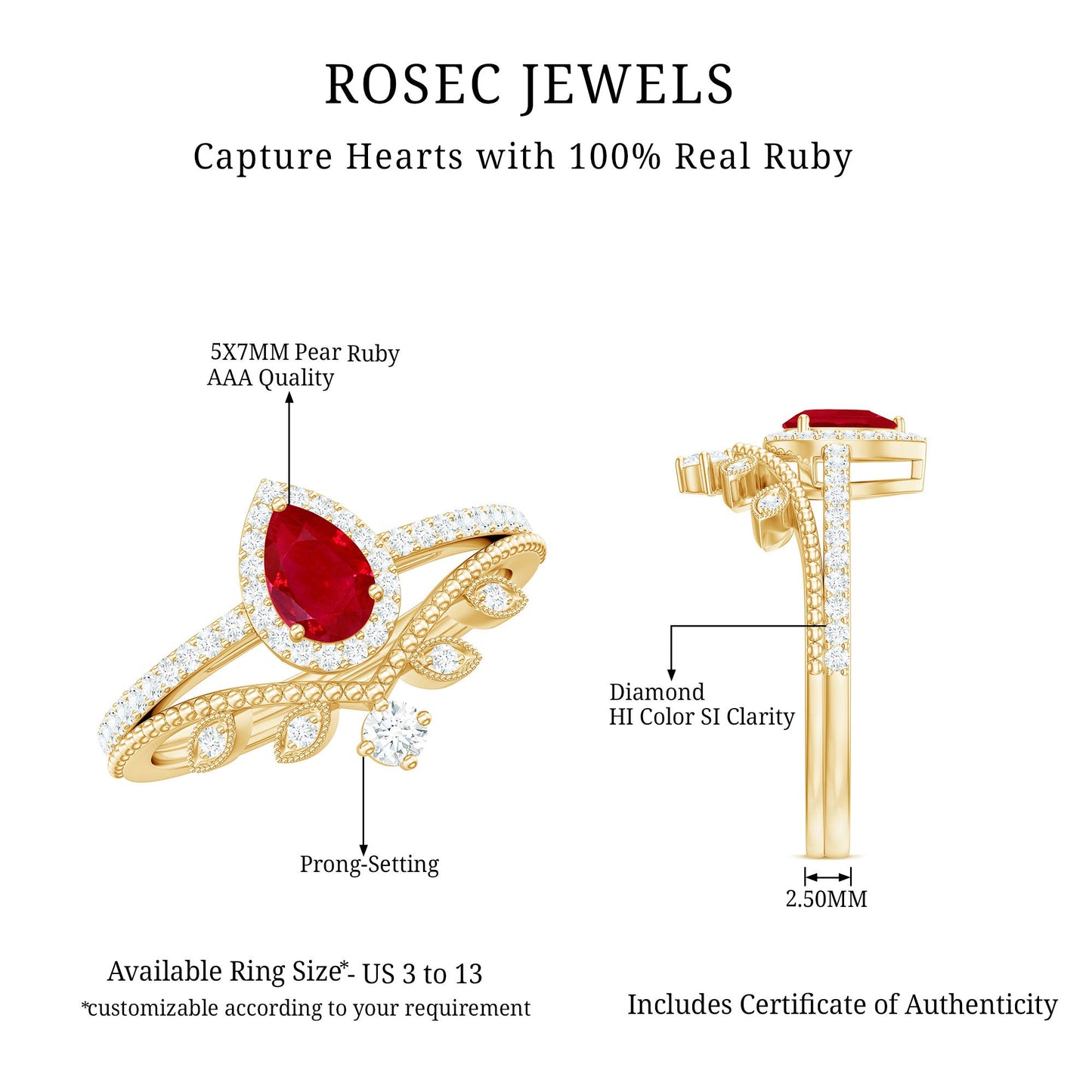 Vintage Looking Pear Shape Ruby Diamond Engagement Ring with Enhancer