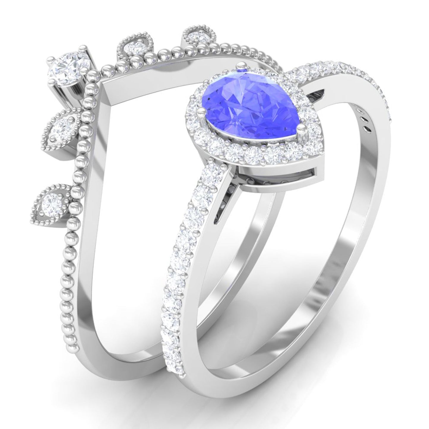 Vintage Looking Tanzanite Diamond Wedding Bridal Ring Set of 2