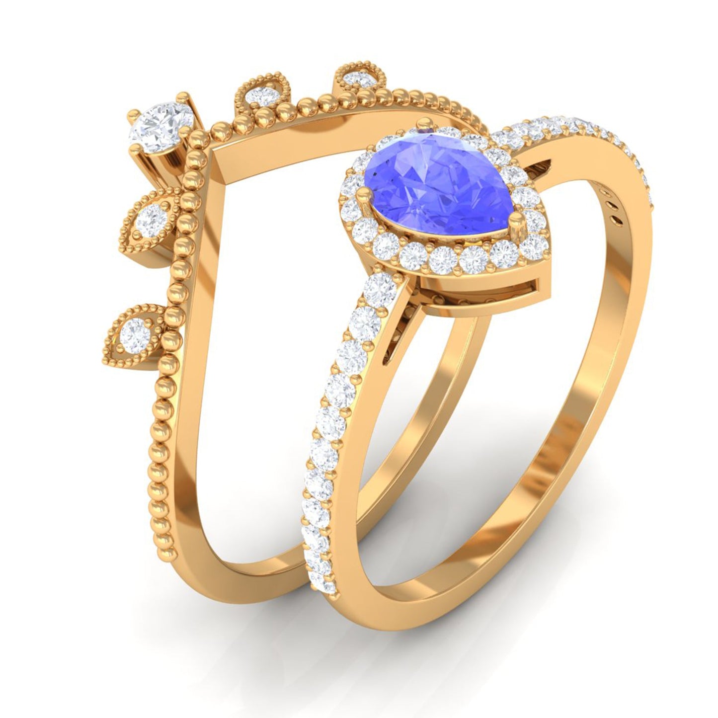 Vintage Looking Tanzanite Diamond Wedding Bridal Ring Set of 2