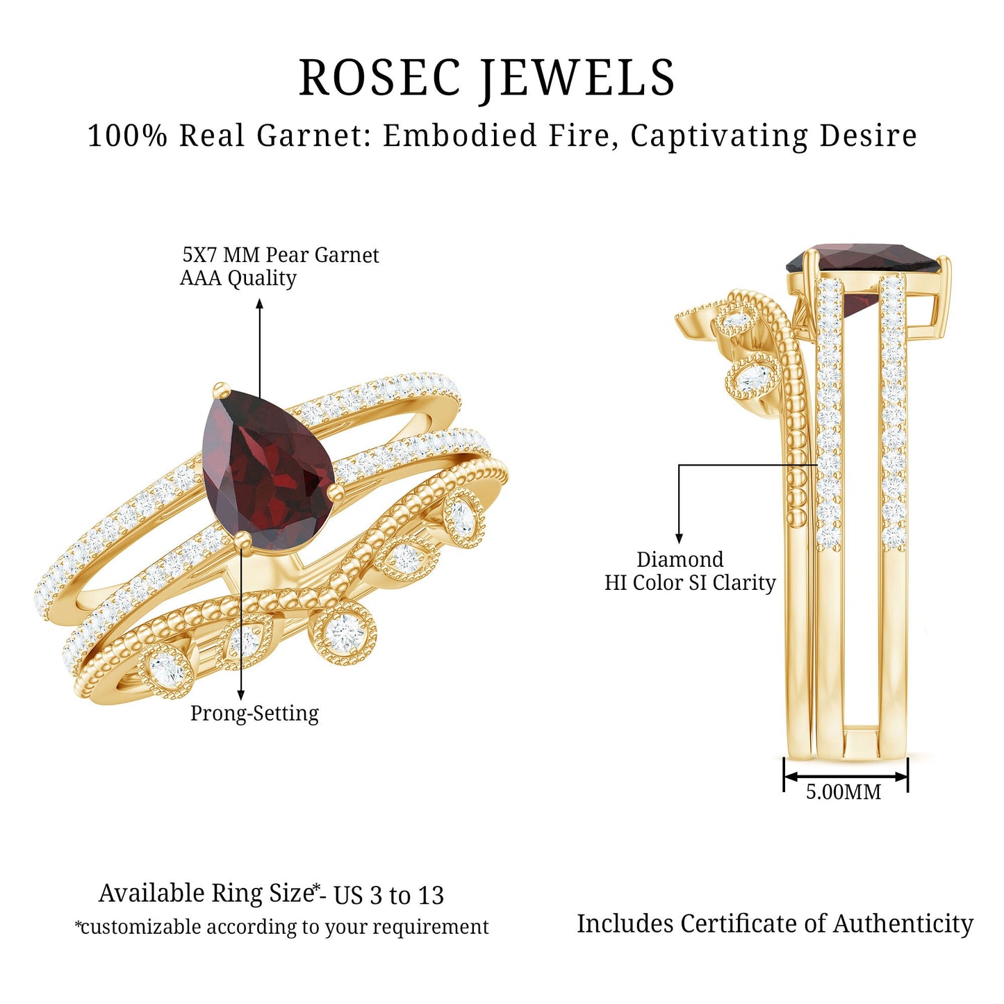 Natural Garnet Diamond Double Band Engagement Ring Wedding Band