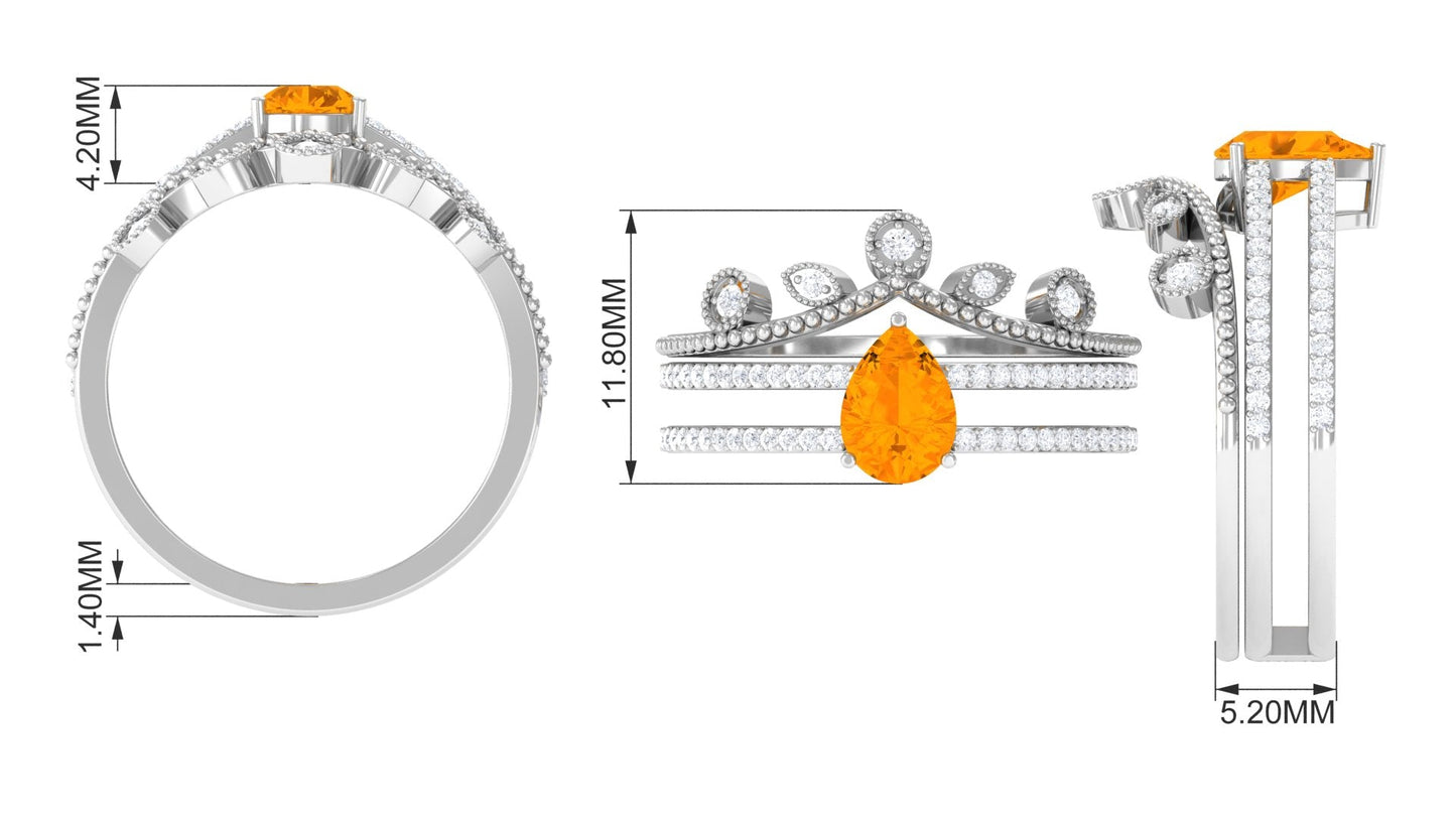 Pear Cut Real Fire Opal and Moissanite Wedding Ring Set