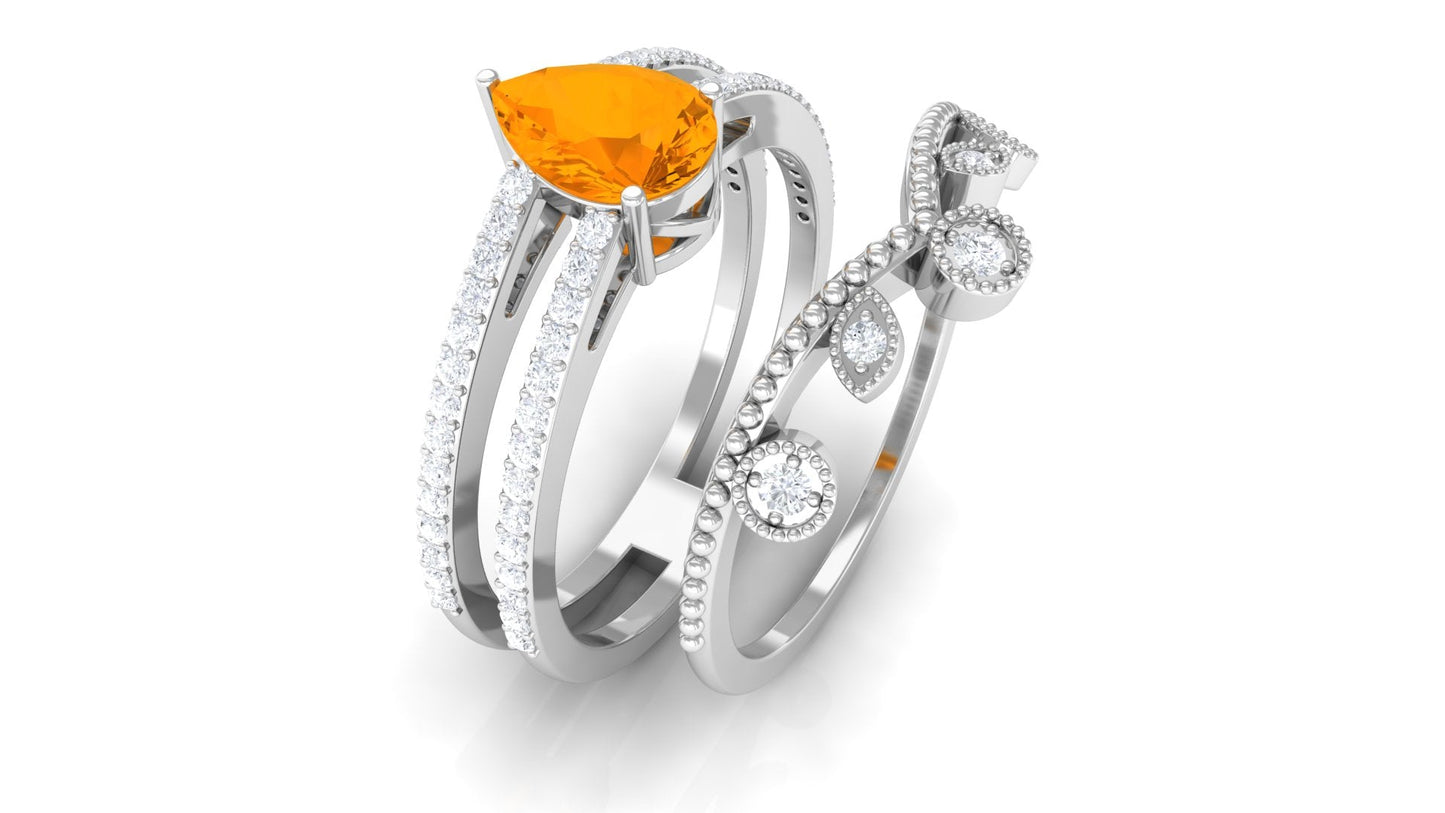 Pear Cut Real Fire Opal and Moissanite Wedding Ring Set