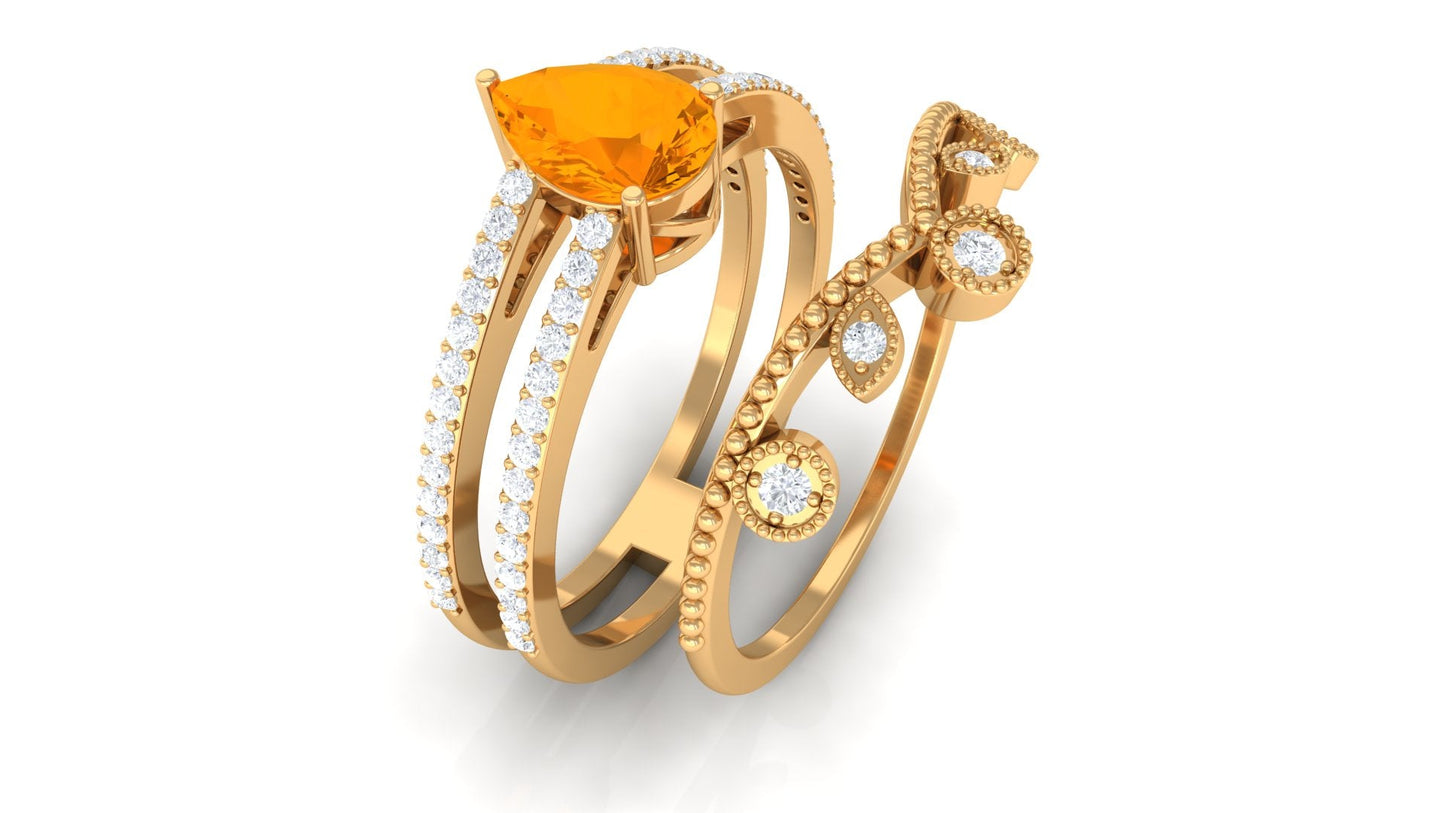 Pear Cut Real Fire Opal and Moissanite Wedding Ring Set